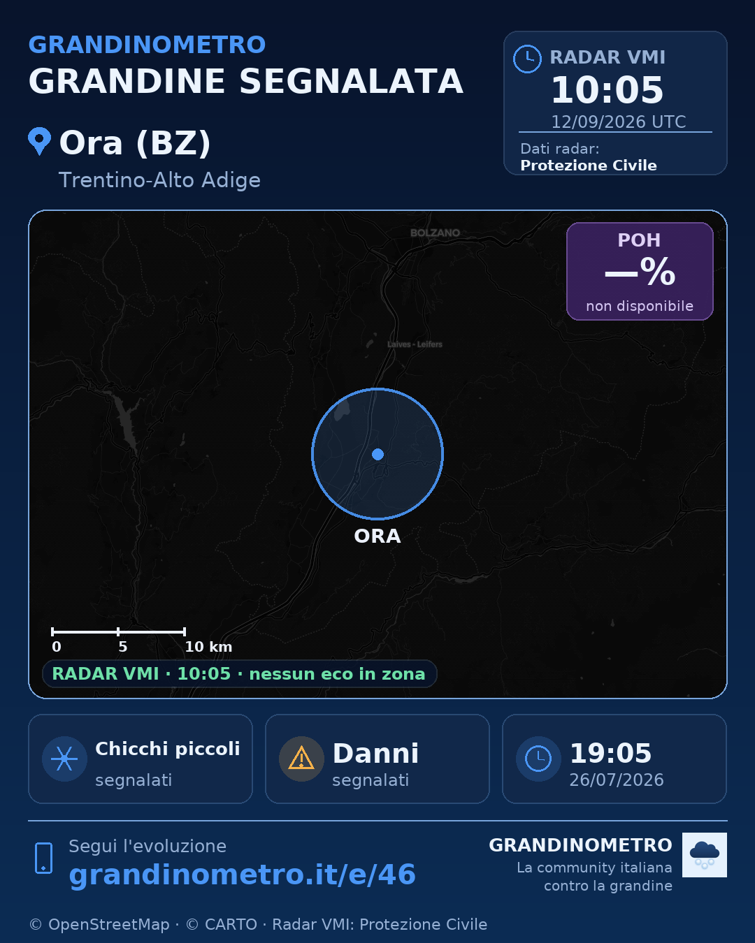 Mappa dell'evento: grandine a Ora (BZ)