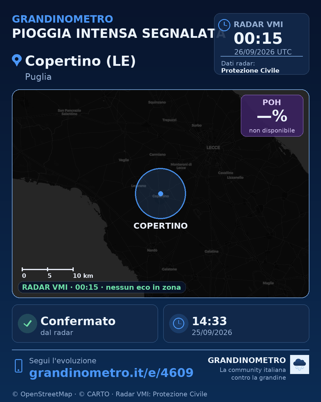 Mappa dell'evento: pioggia intensa a Copertino (LE)
