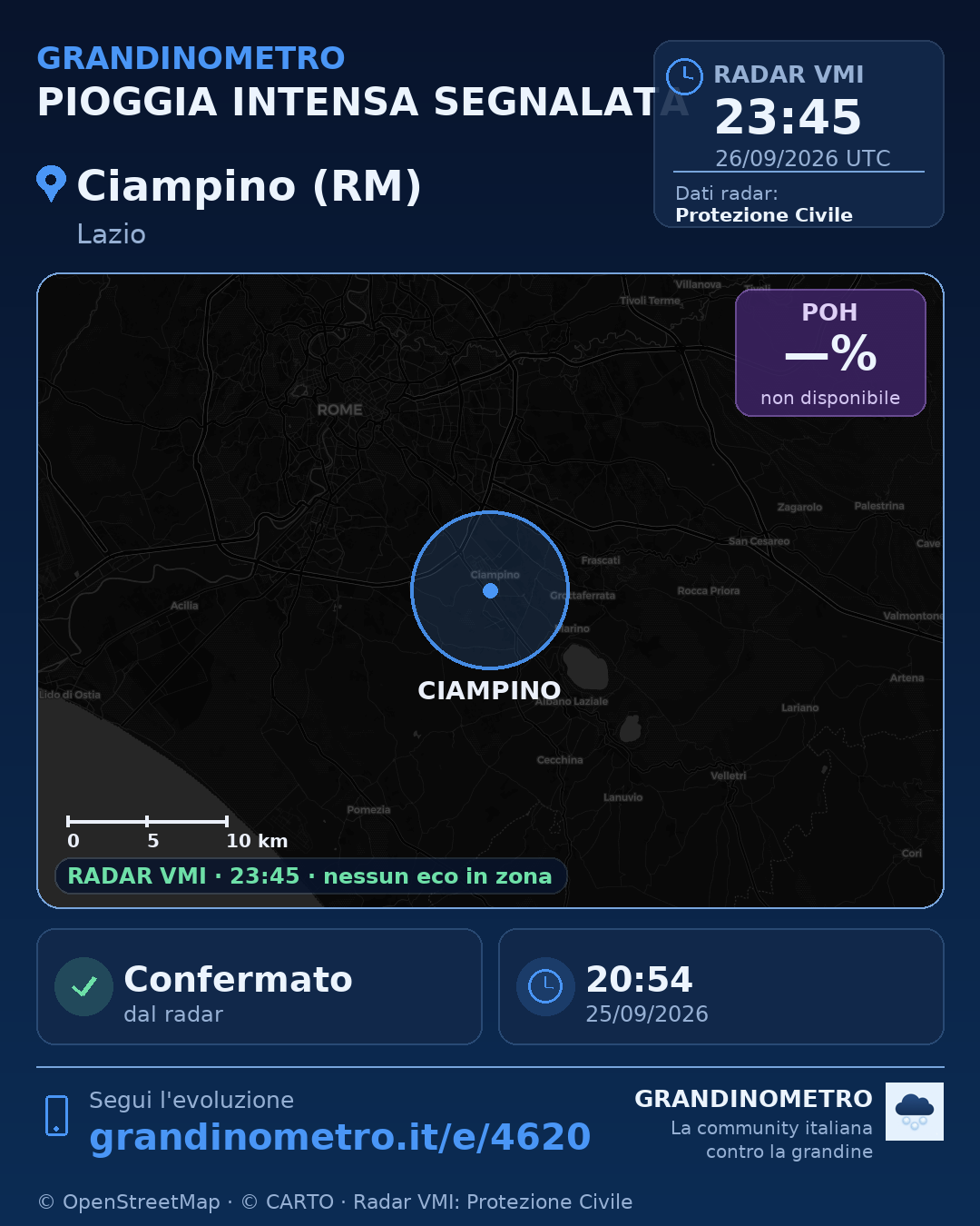 Mappa dell'evento: pioggia intensa a Ciampino (RM)