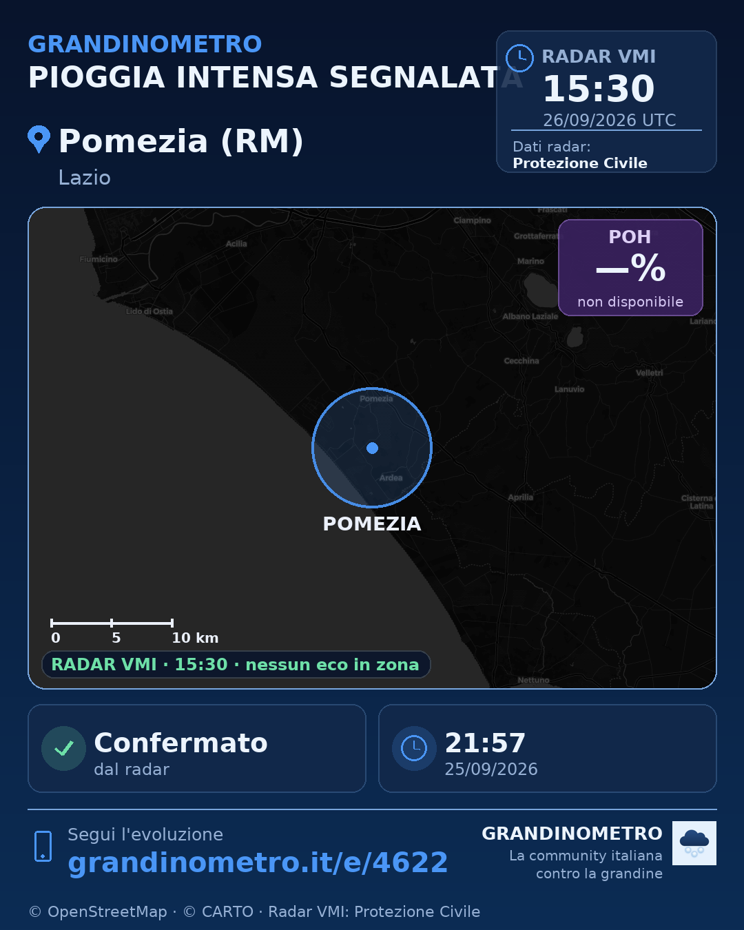 Mappa dell'evento: pioggia intensa a Pomezia (RM)