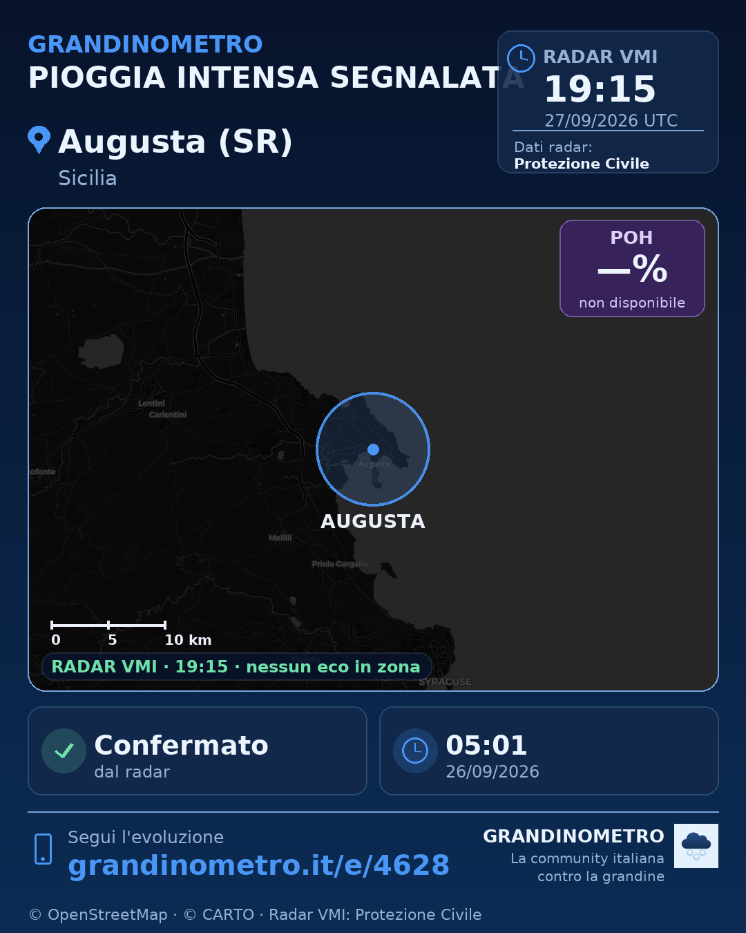 Mappa dell'evento: pioggia intensa ad Augusta (SR)