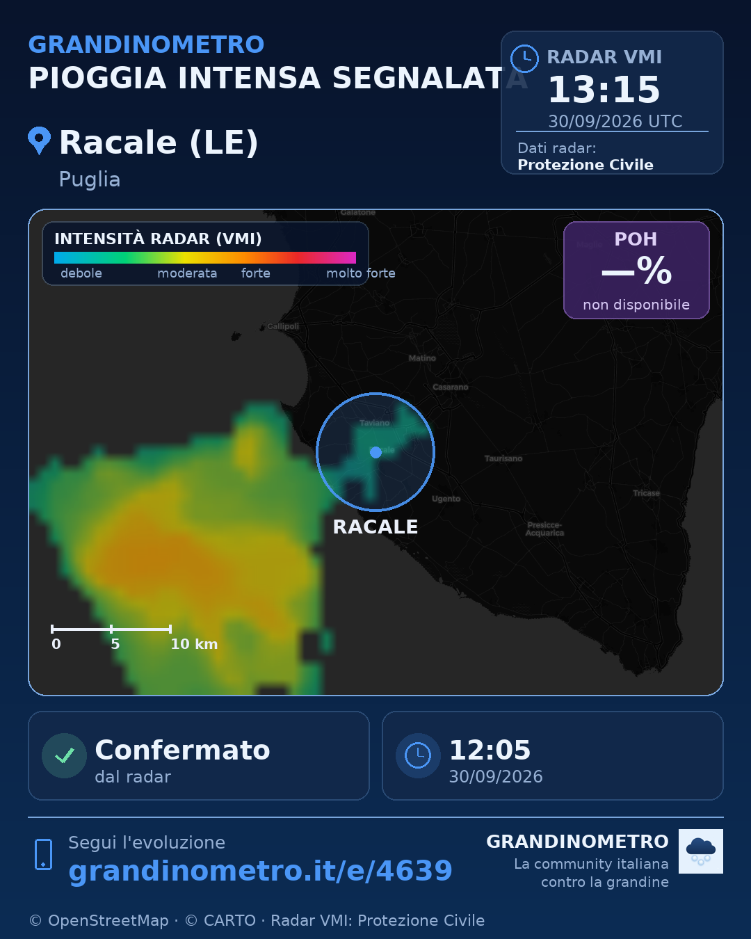 Mappa dell'evento: pioggia intensa a Racale (LE)