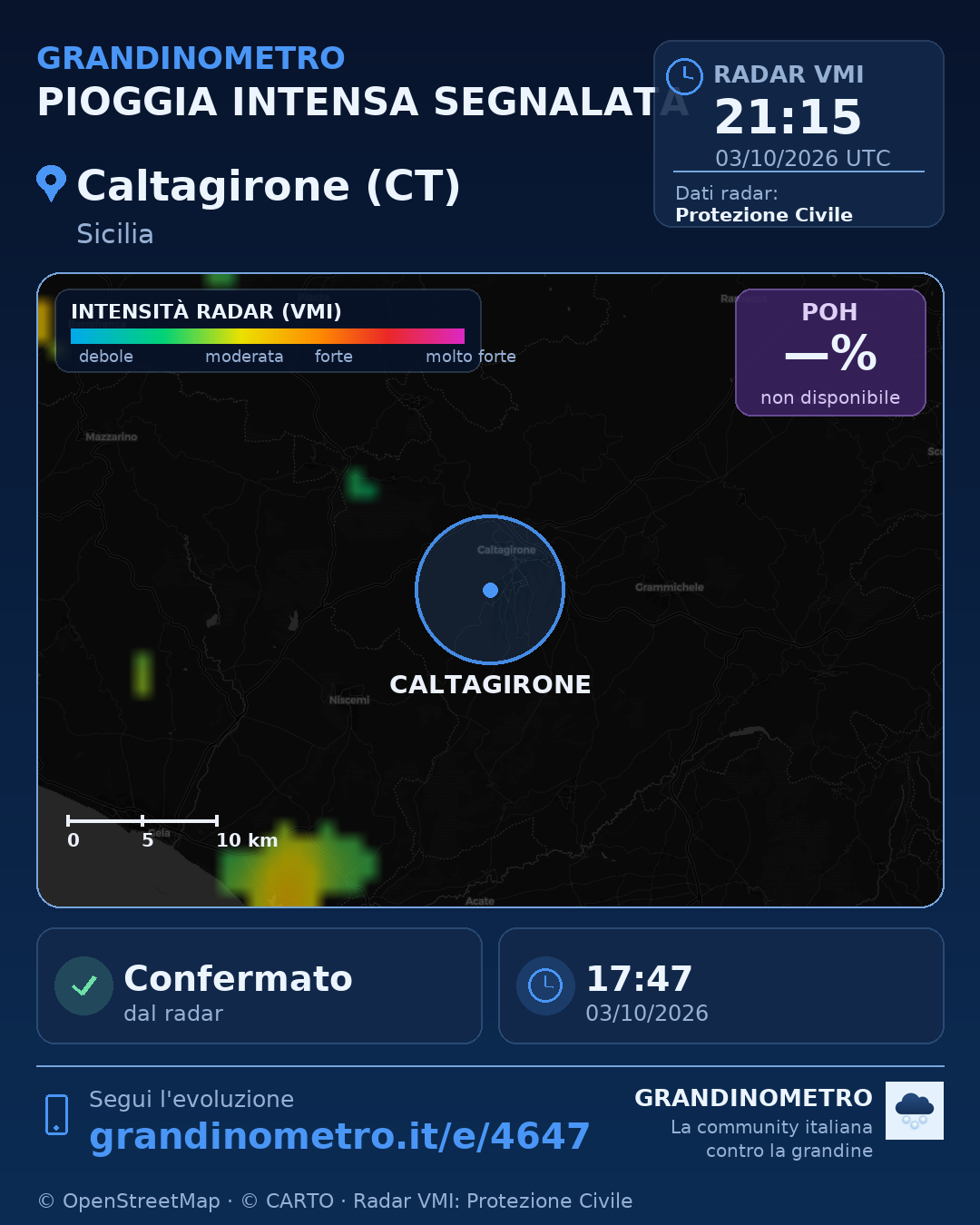 Mappa dell'evento: pioggia intensa a Caltagirone (CT)
