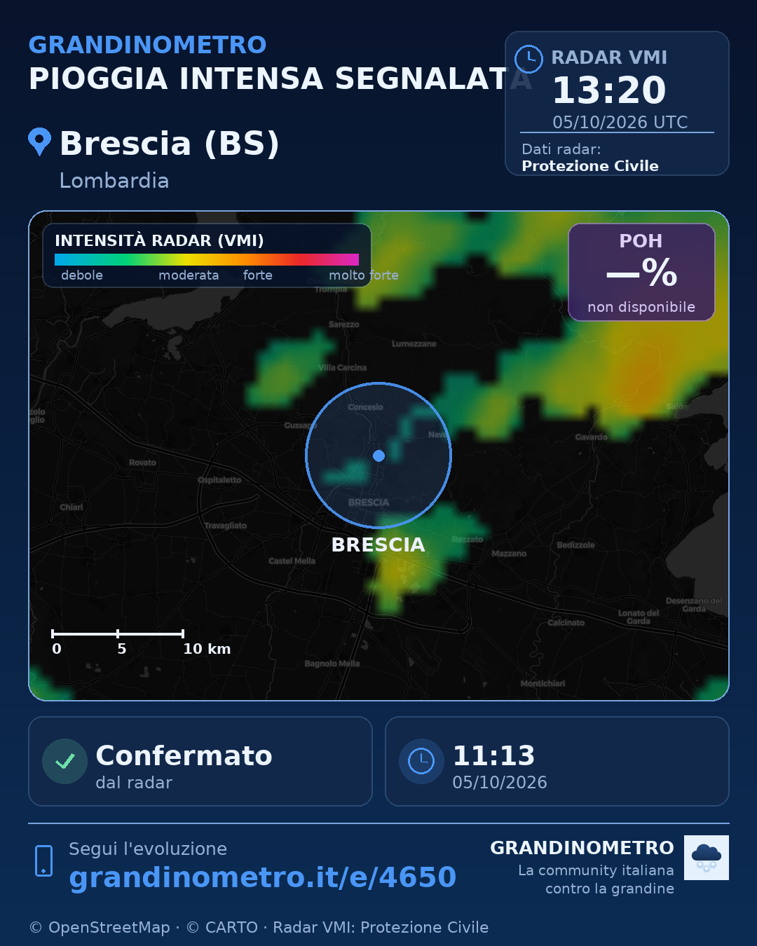 Mappa dell'evento: pioggia intensa a Brescia (BS)