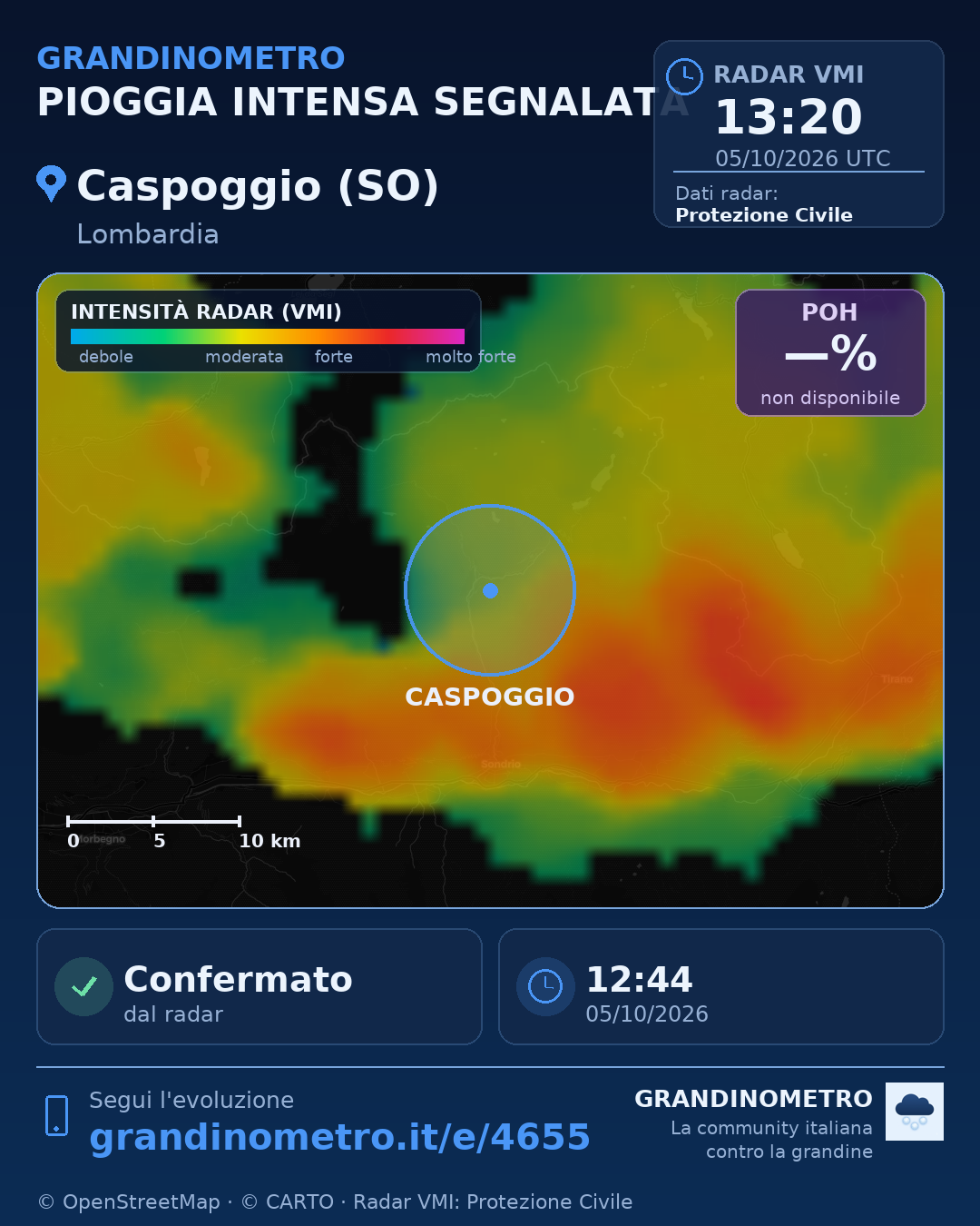 Mappa dell'evento: pioggia intensa a Caspoggio (SO)
