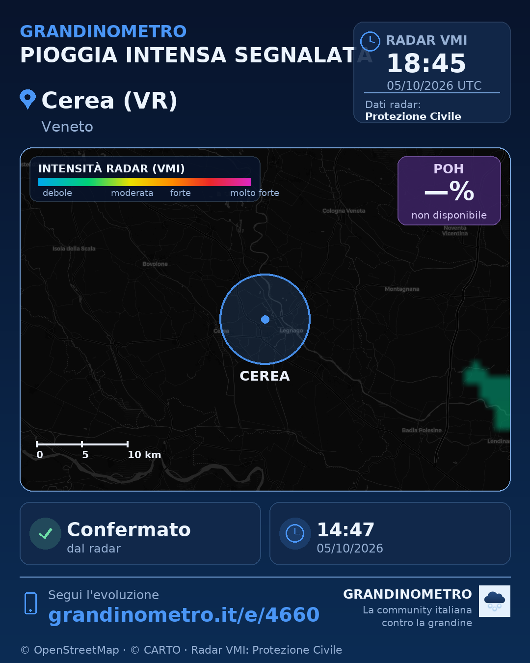 Mappa dell'evento: pioggia intensa a Cerea (VR)