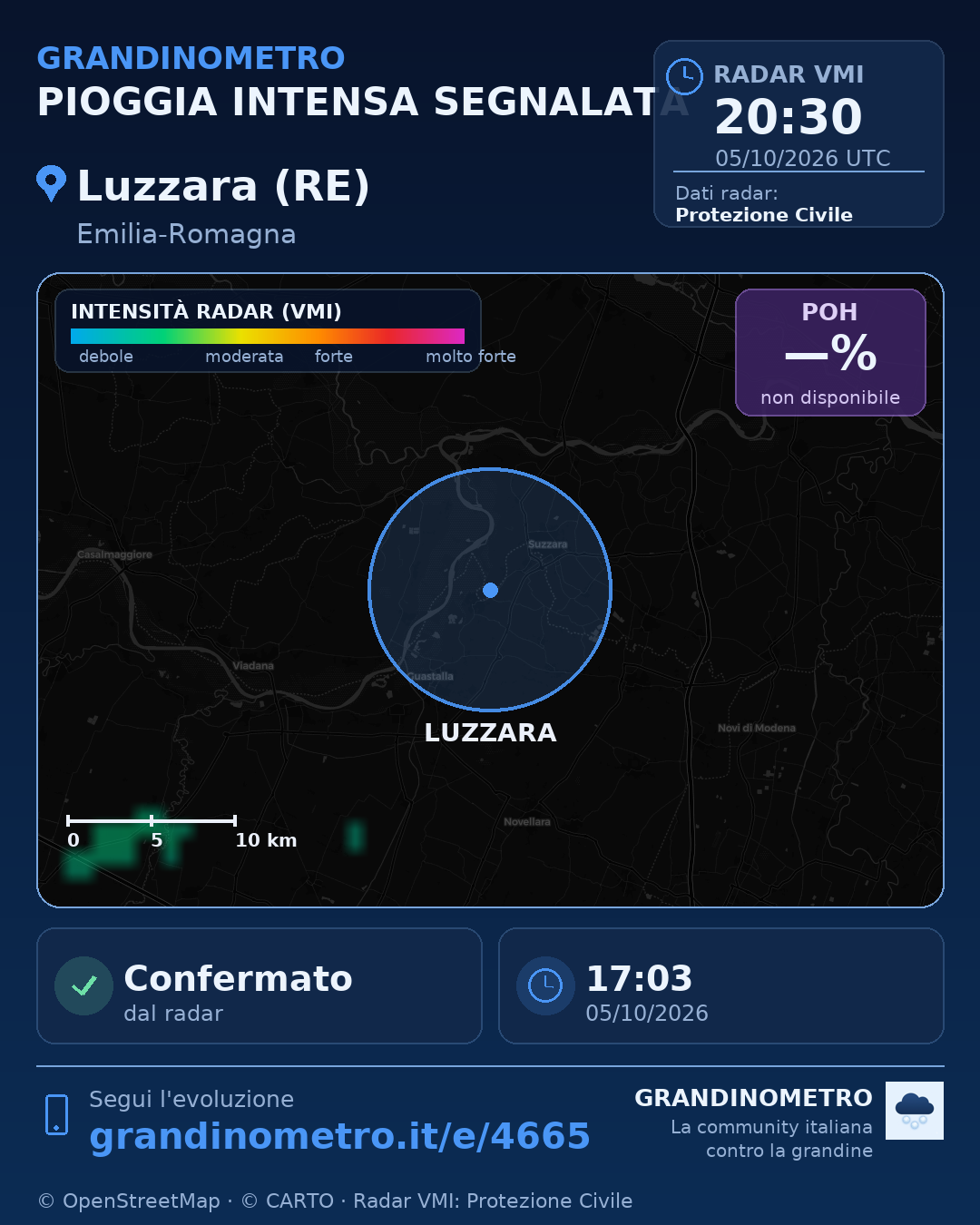 Mappa dell'evento: pioggia intensa a Luzzara (RE)