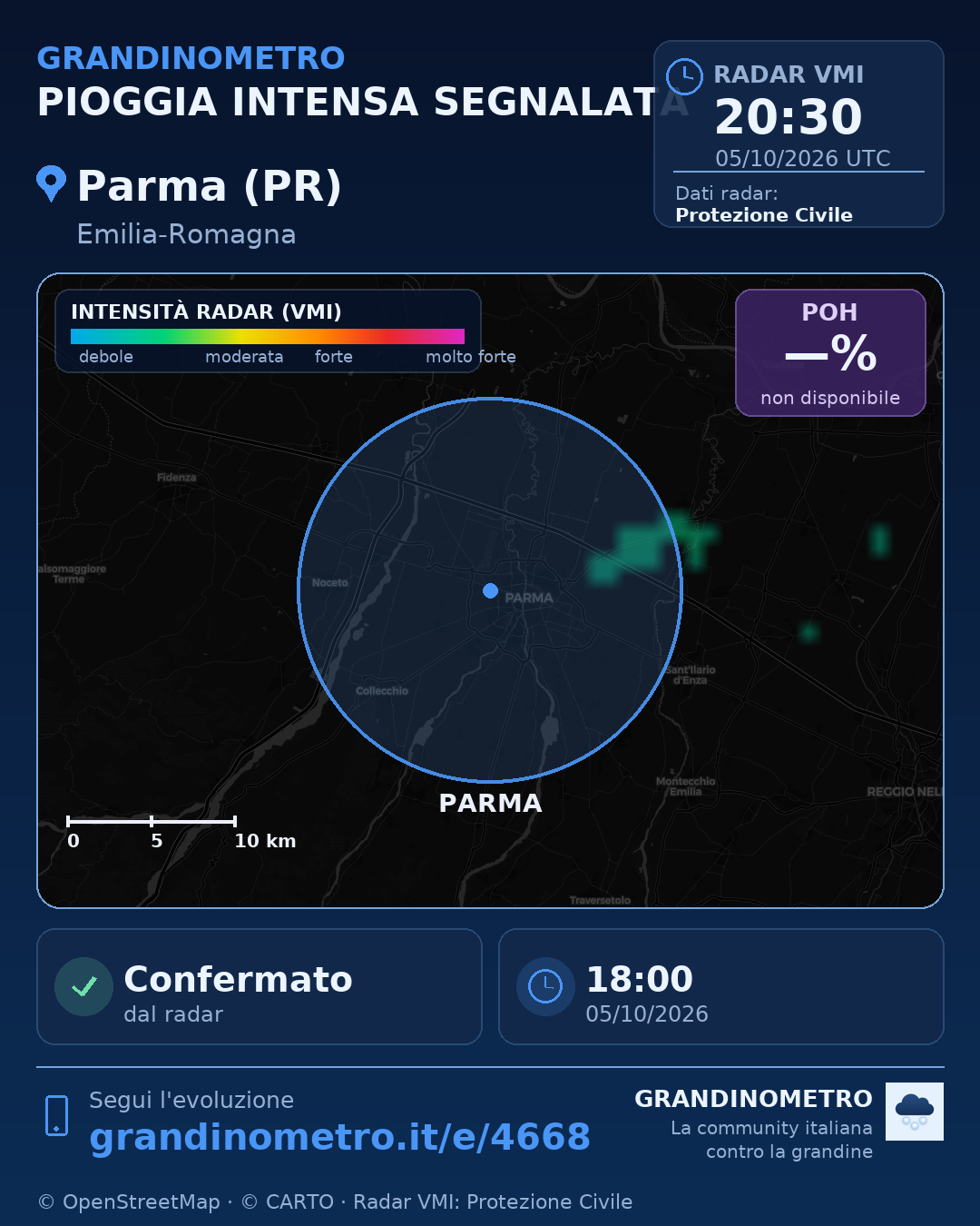 Mappa dell'evento: pioggia intensa a Parma (PR)