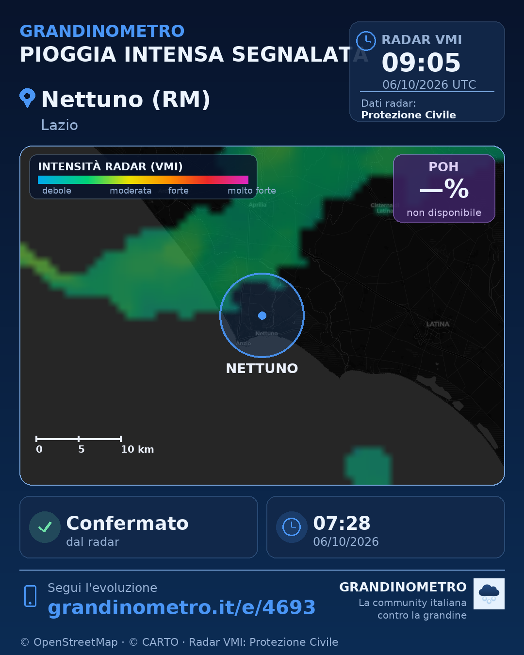Mappa dell'evento: pioggia intensa a Nettuno (RM)