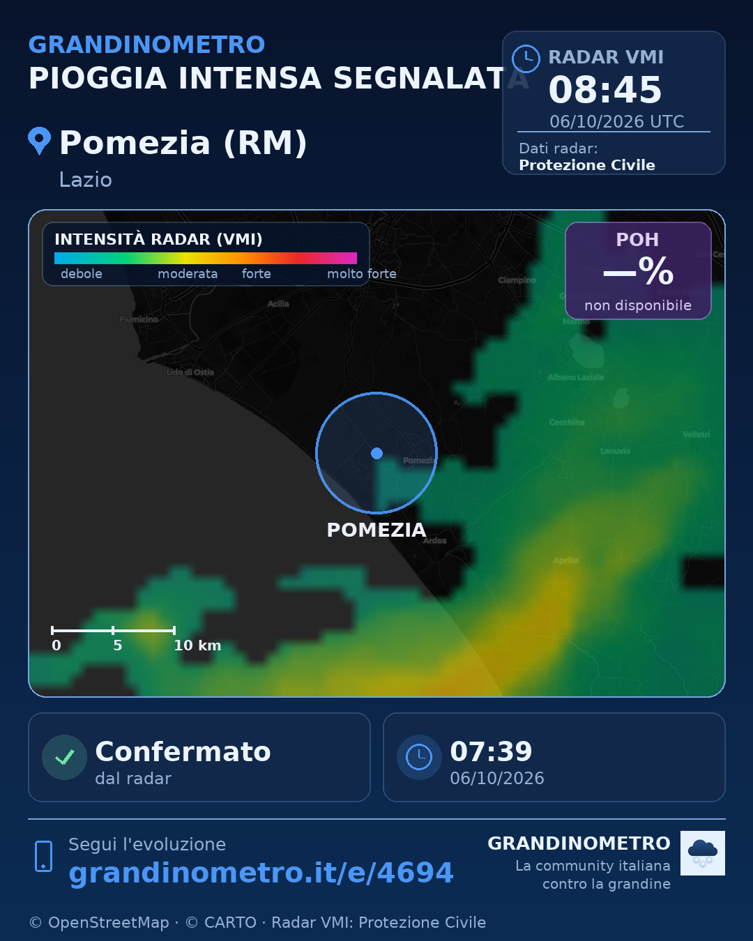 Mappa dell'evento: pioggia intensa a Pomezia (RM)