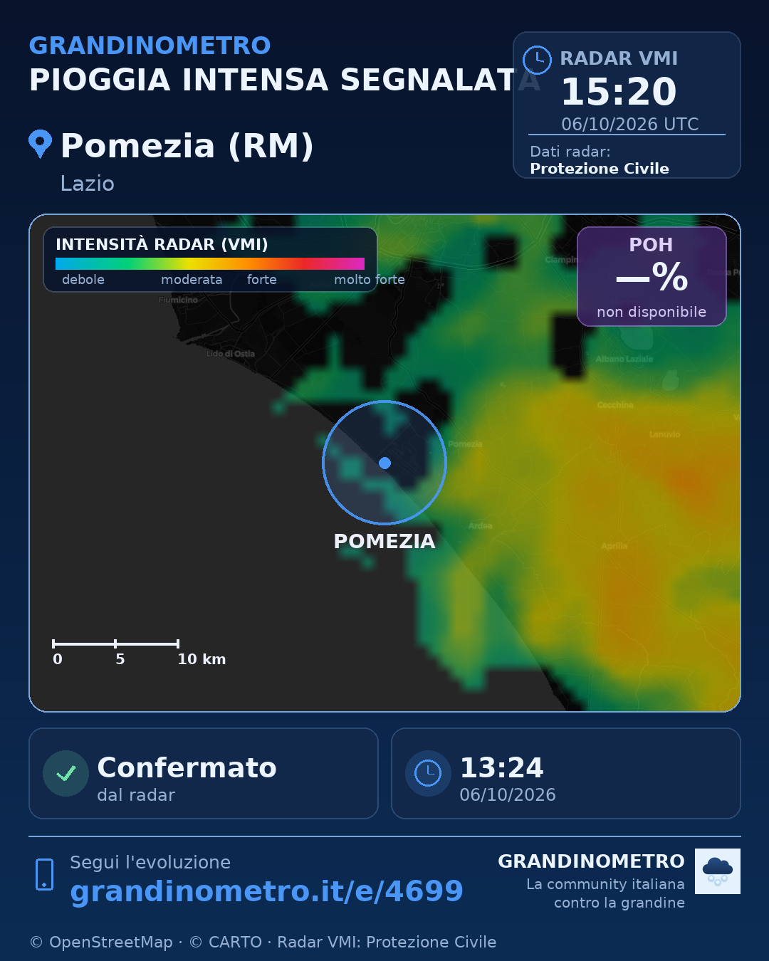 Mappa dell'evento: pioggia intensa a Pomezia (RM)