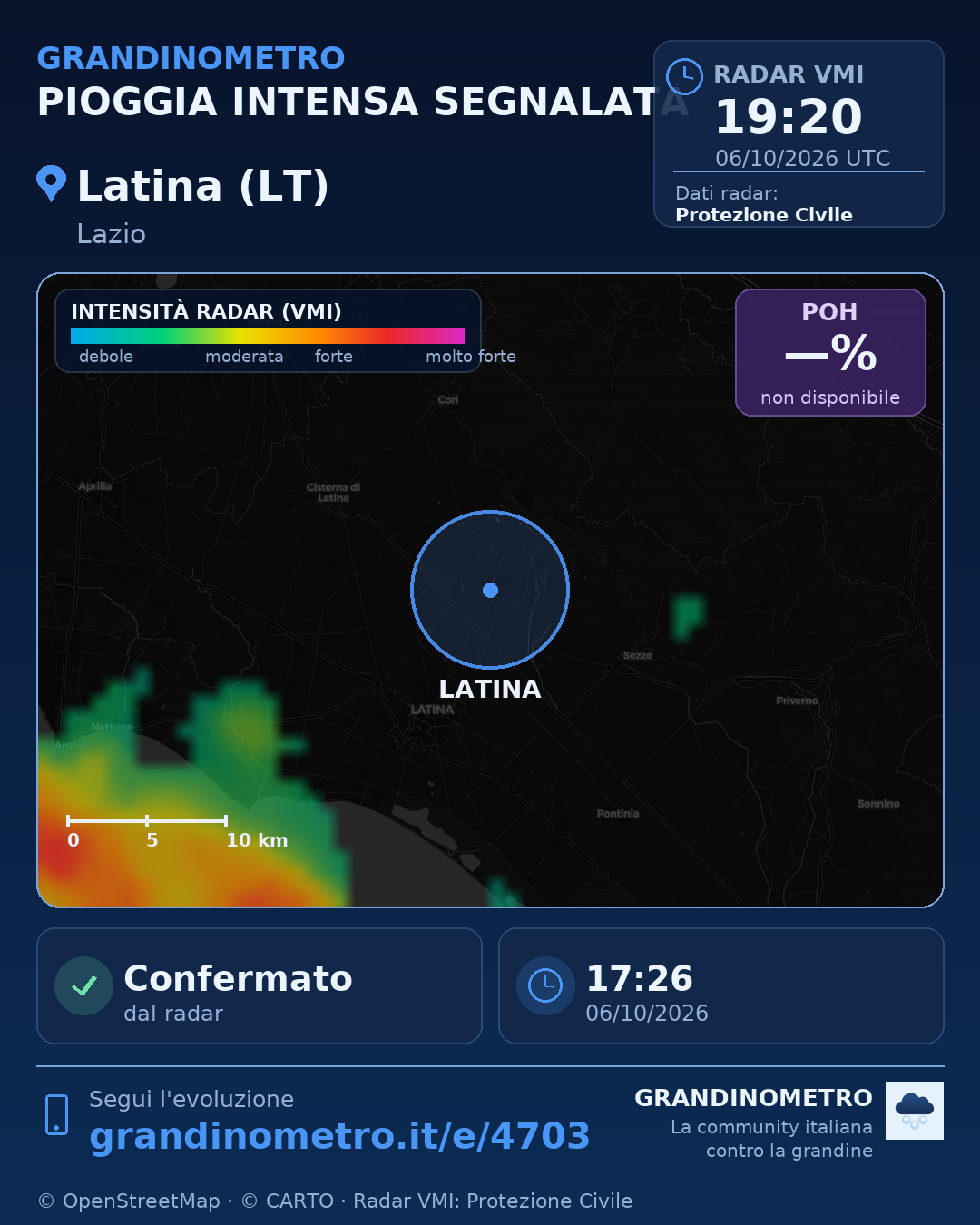 Mappa dell'evento: pioggia intensa a Latina (LT)