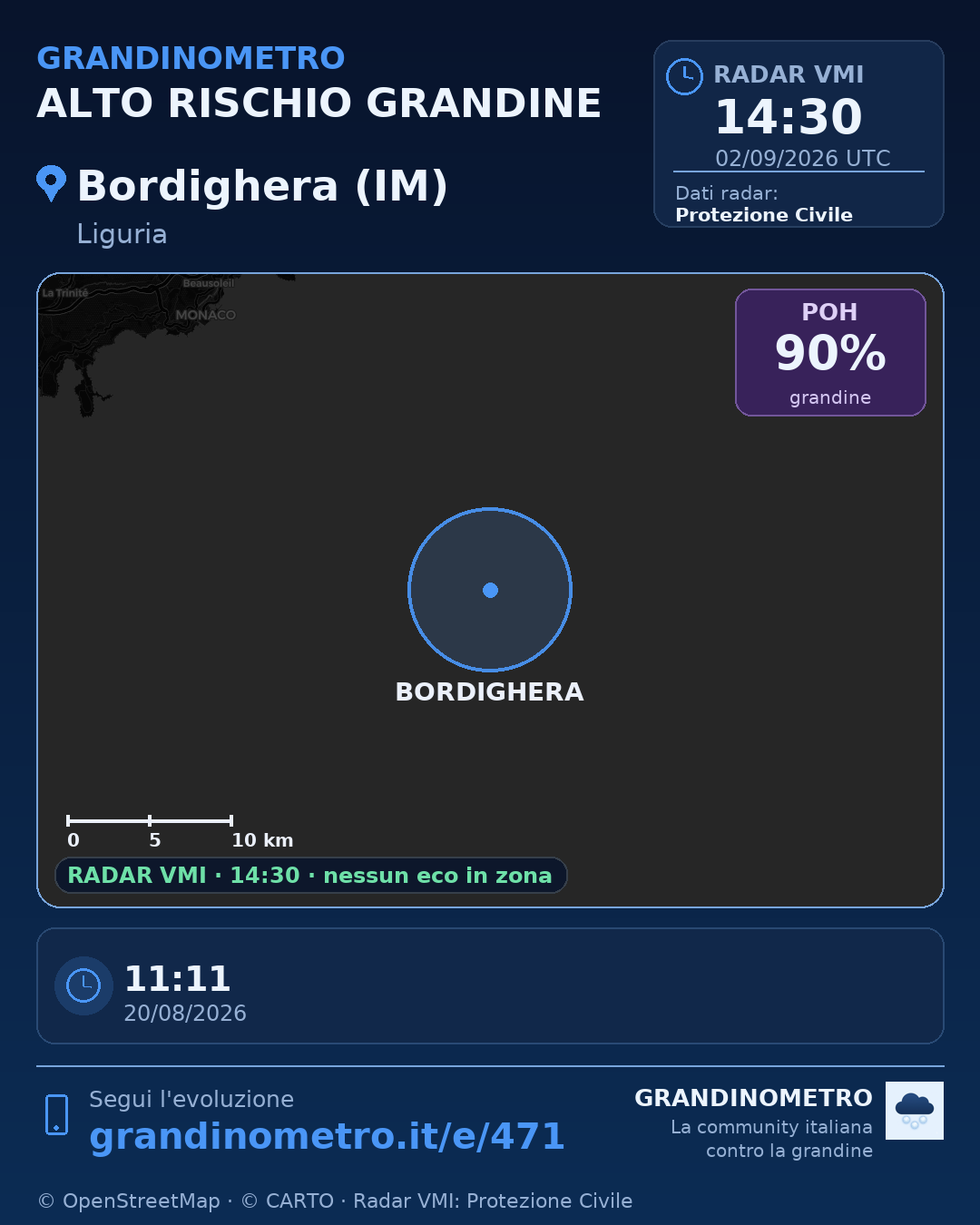 Mappa dell'evento: grandine a Bordighera (IM)