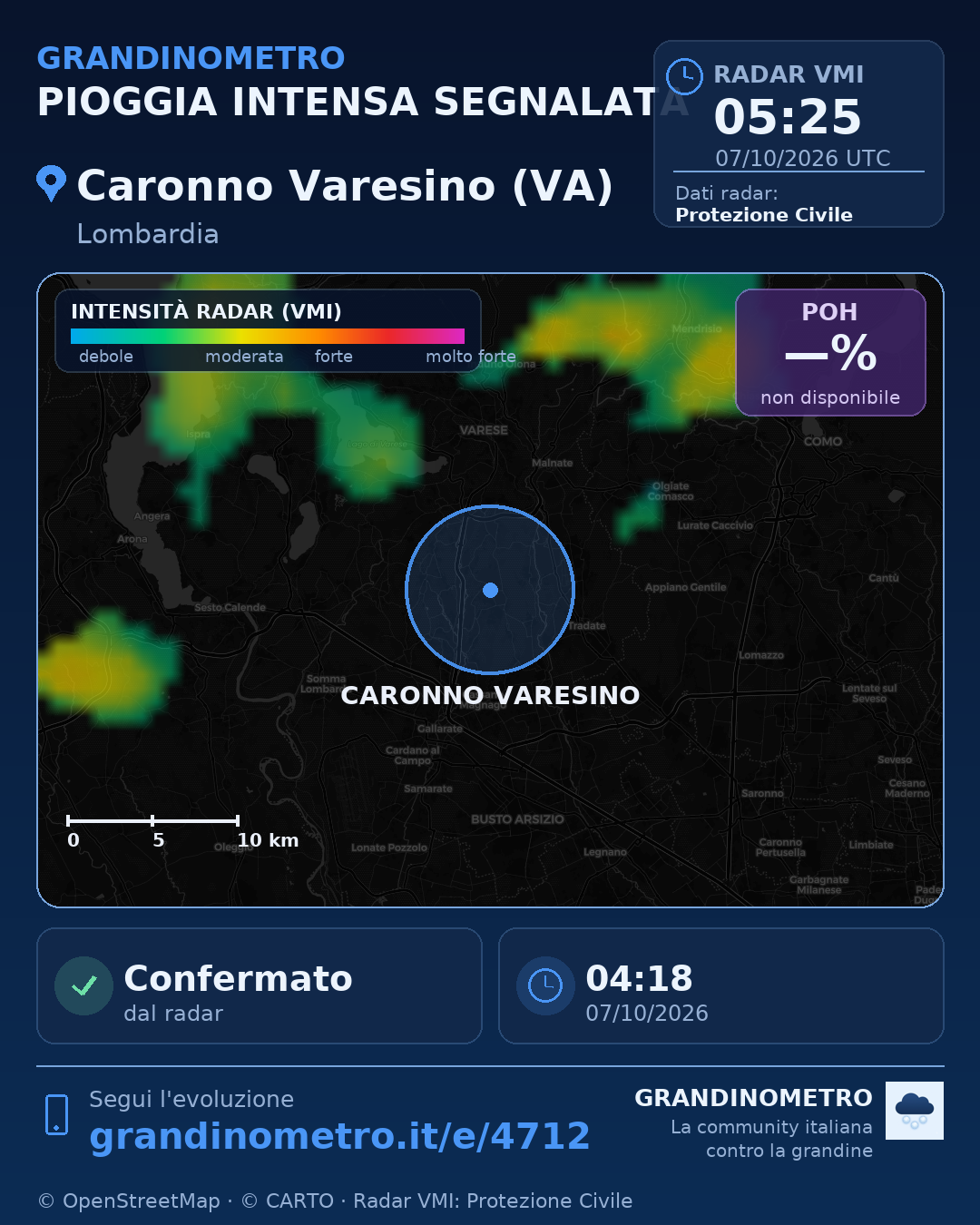 Mappa dell'evento: pioggia intensa a Caronno Varesino (VA)