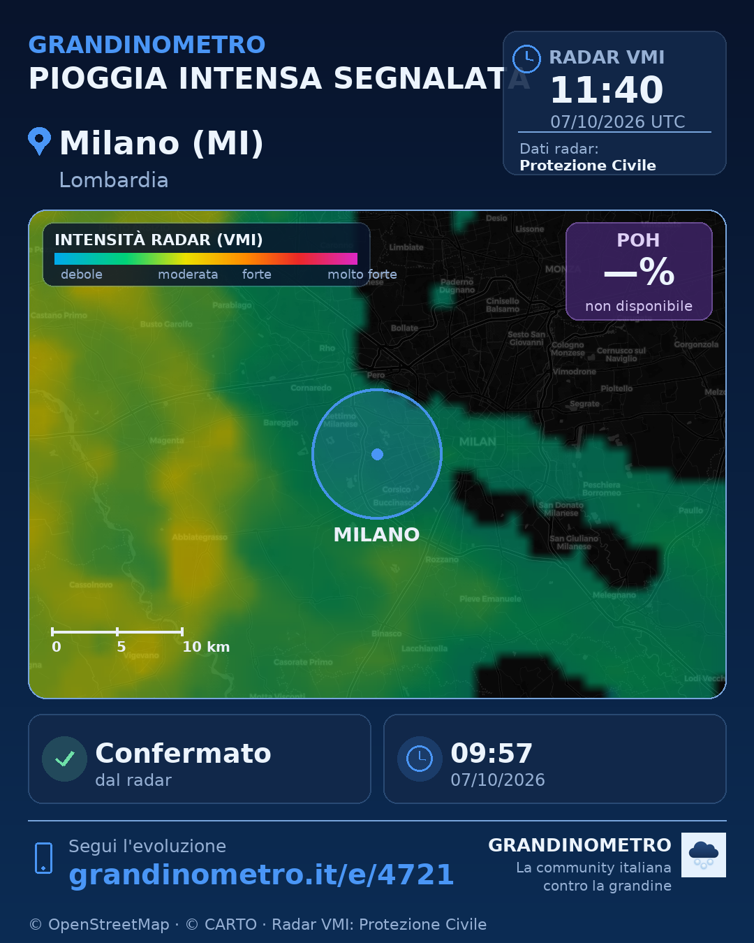 Mappa dell'evento: pioggia intensa a Milano (MI)