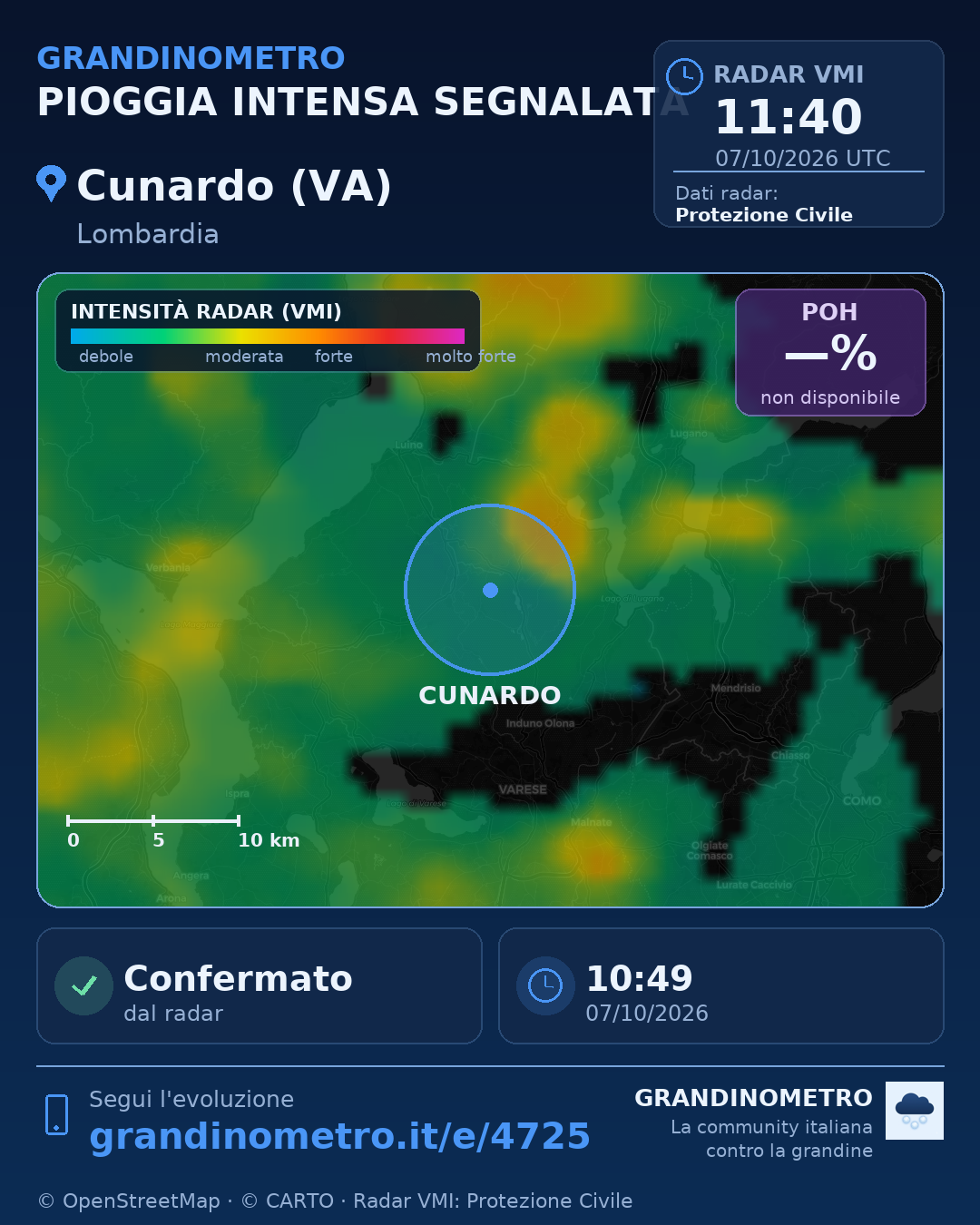 Mappa dell'evento: pioggia intensa a Cunardo (VA)