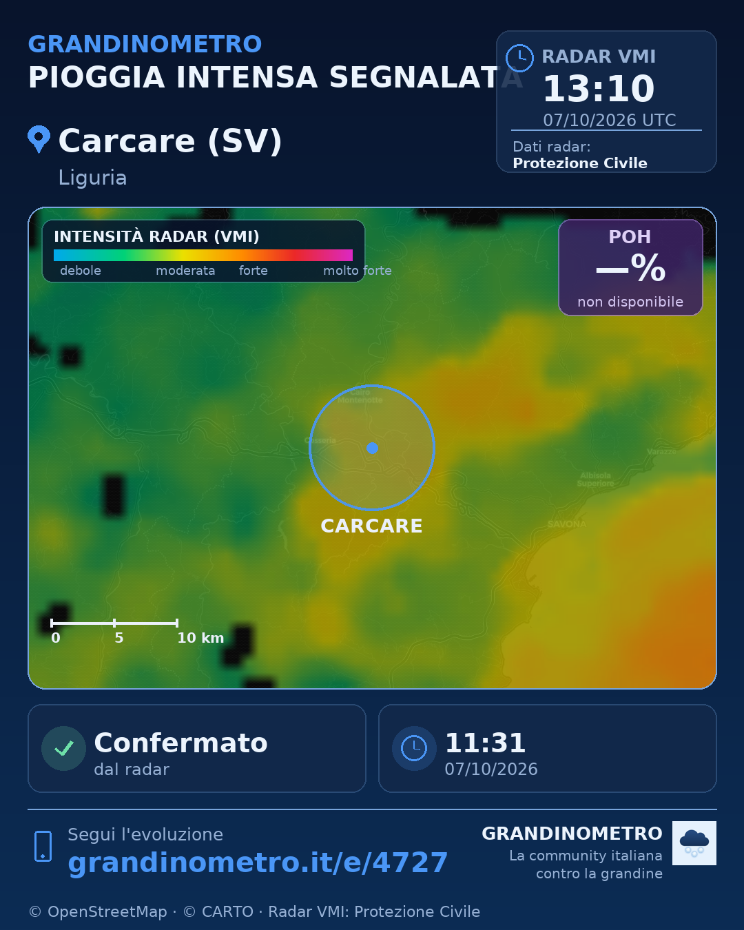 Mappa dell'evento: pioggia intensa a Carcare (SV)