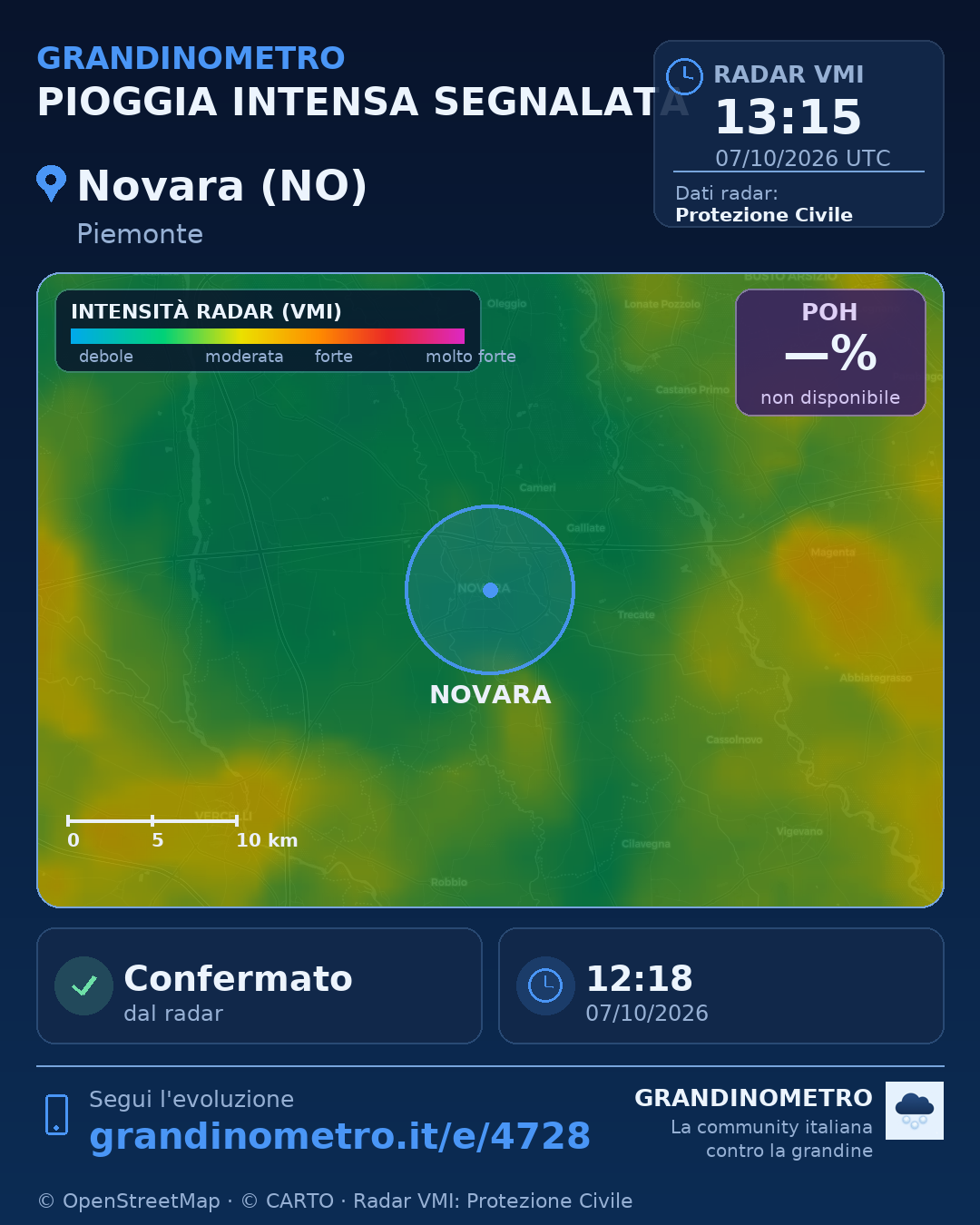 Mappa dell'evento: pioggia intensa a Novara (NO)