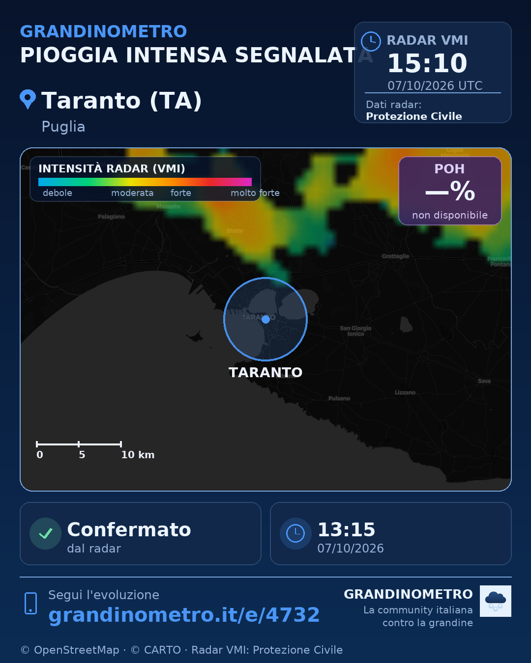 Mappa dell'evento: pioggia intensa a Taranto (TA)