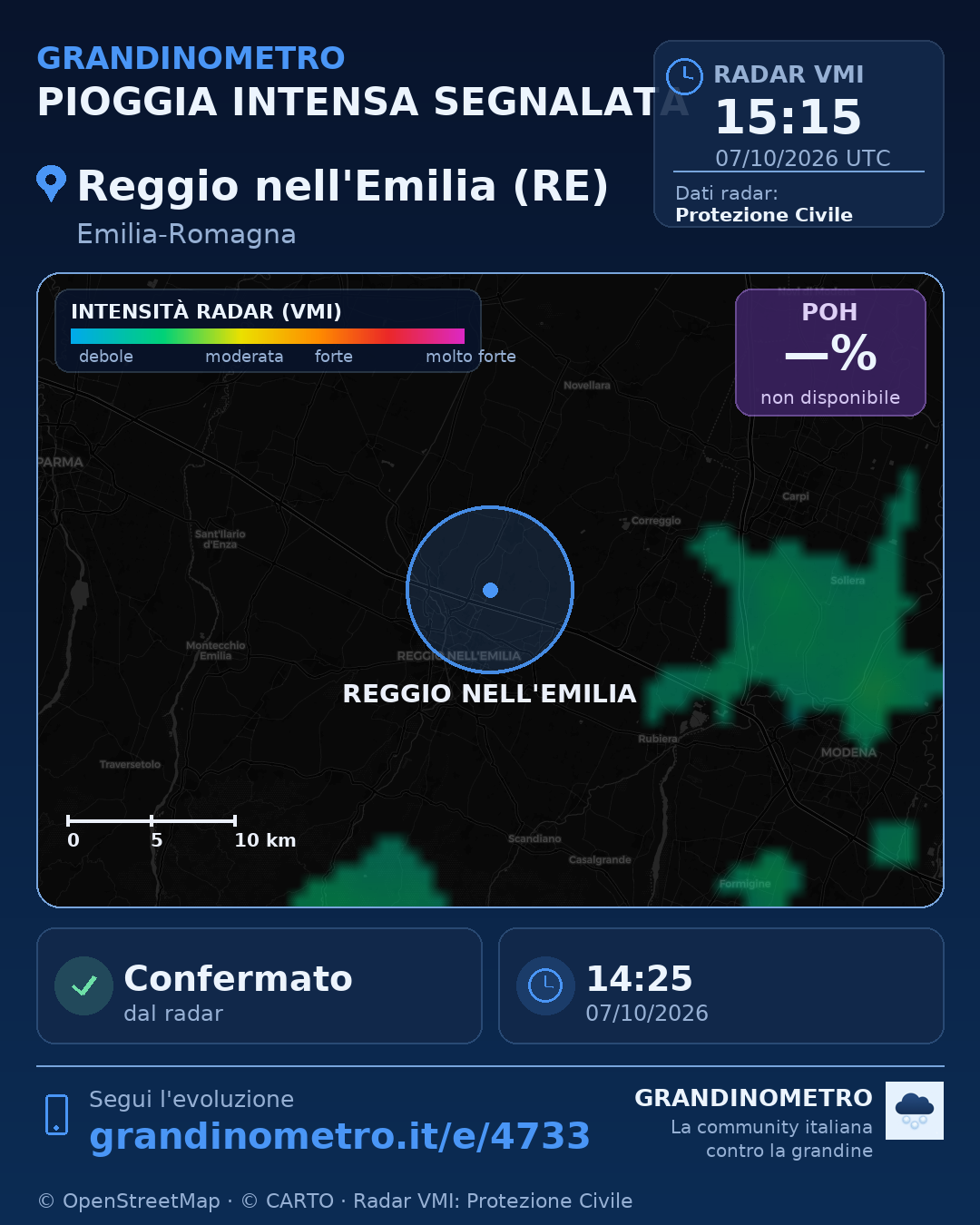 Mappa dell'evento: pioggia intensa a Reggio nell'Emilia (RE)