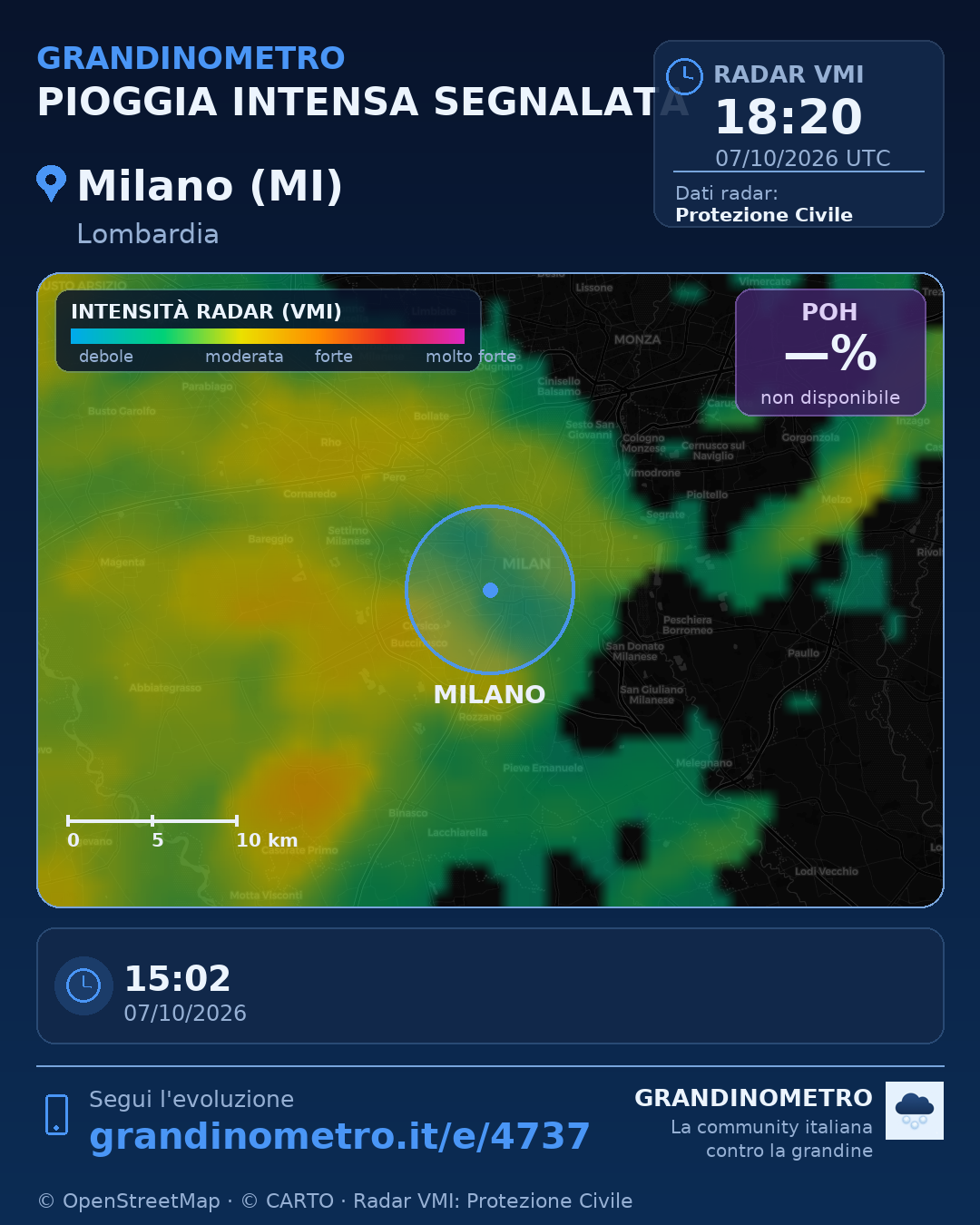 Mappa dell'evento: pioggia intensa a Milano (MI)