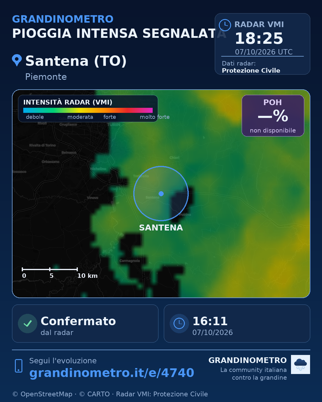 Mappa dell'evento: pioggia intensa a Santena (TO)