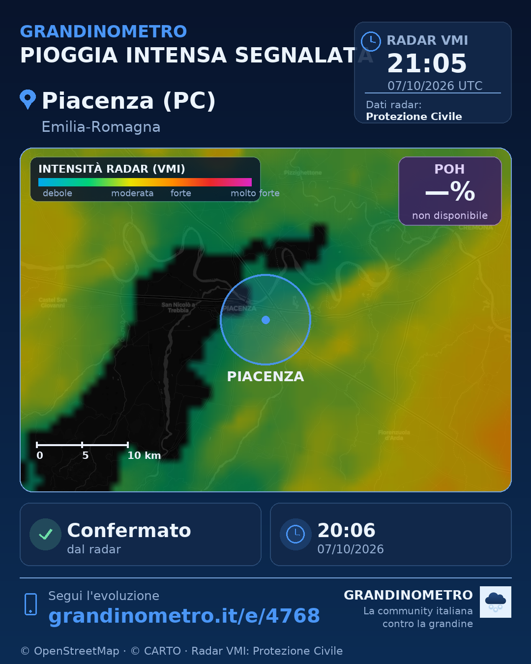 Mappa dell'evento: pioggia intensa a Piacenza (PC)