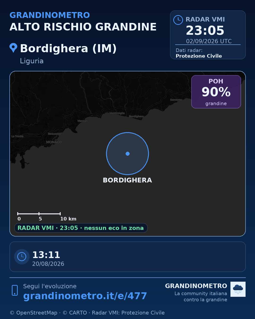 Mappa dell'evento: grandine a Bordighera (IM)