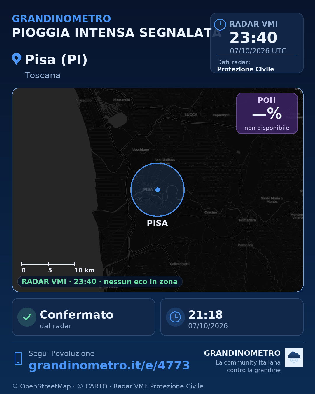 Mappa dell'evento: pioggia intensa a Pisa (PI)