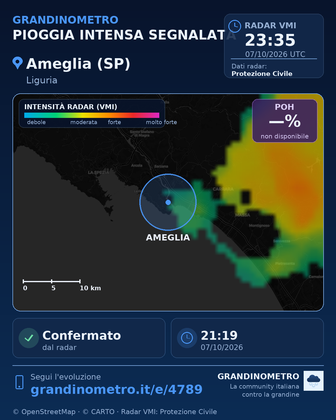 Mappa dell'evento: pioggia intensa ad Ameglia (SP)