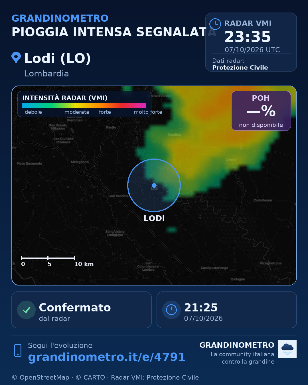 Mappa dell'evento: pioggia intensa a Lodi (LO)