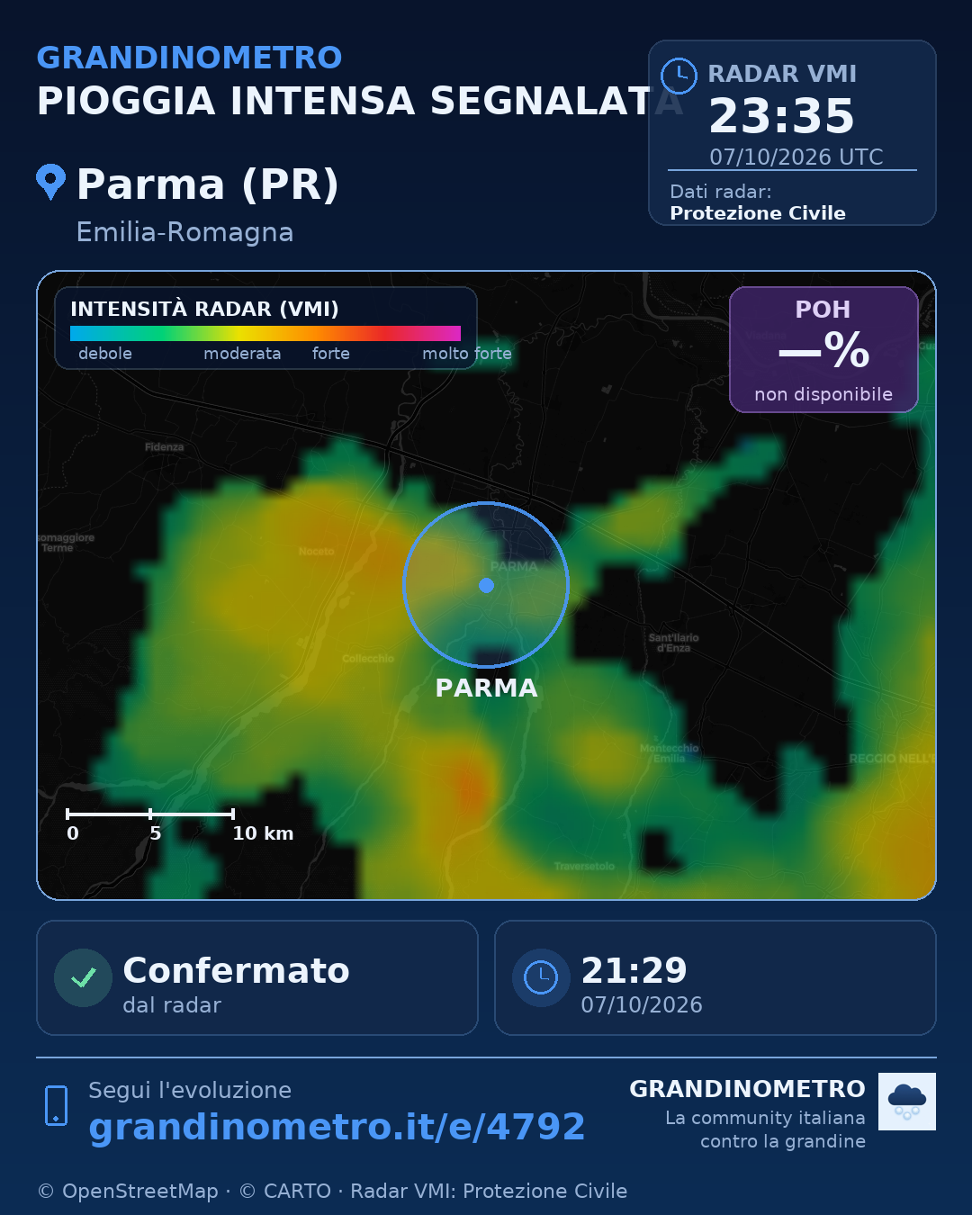 Mappa dell'evento: pioggia intensa a Parma (PR)