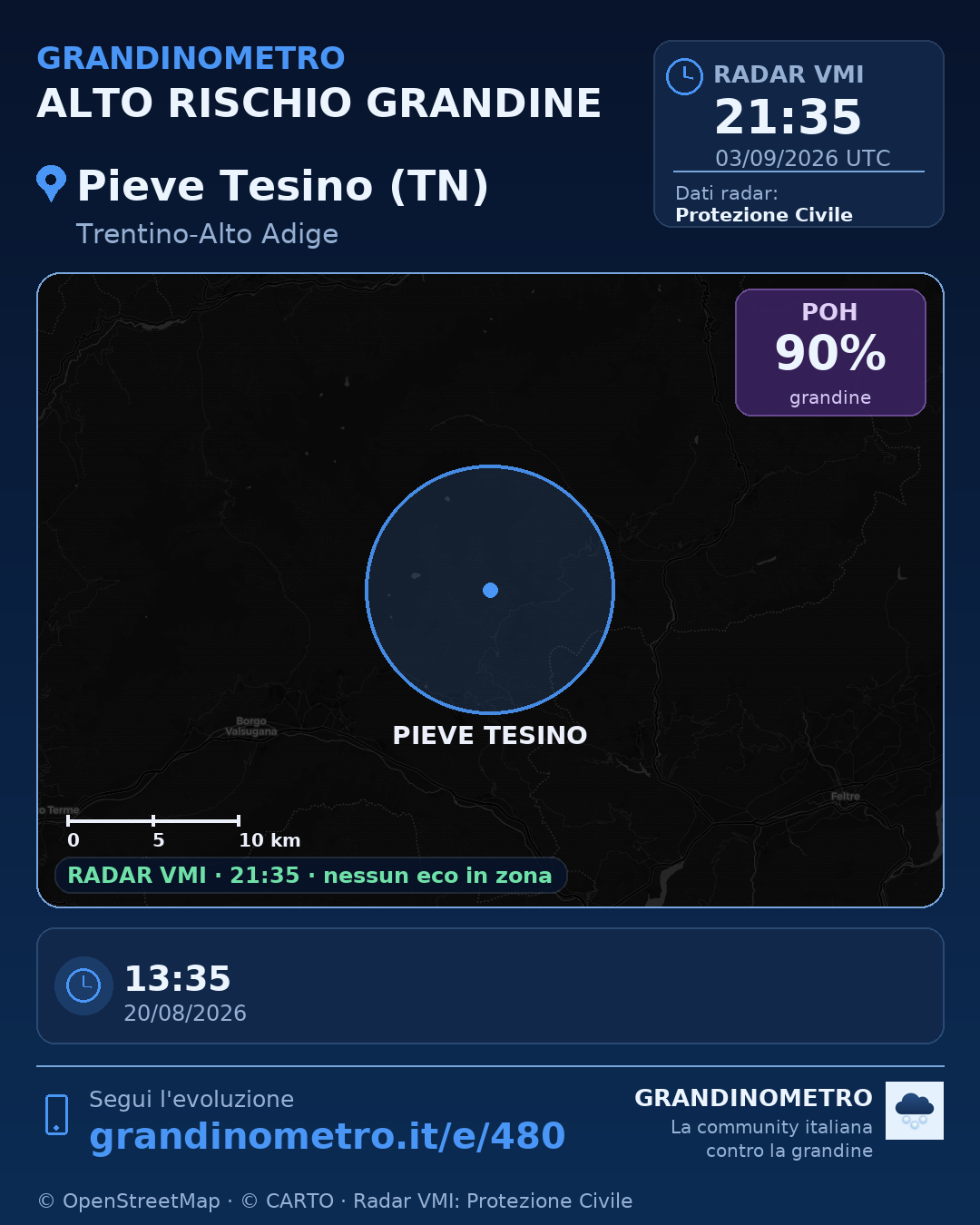 Mappa dell'evento: grandine a Pieve Tesino (TN)