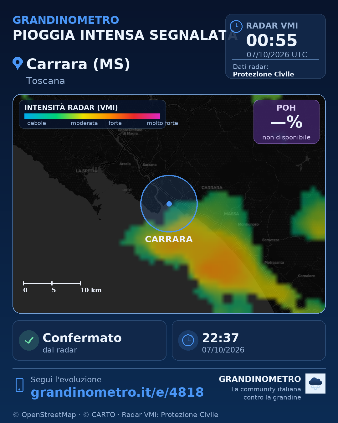 Mappa dell'evento: pioggia intensa a Carrara (MS)