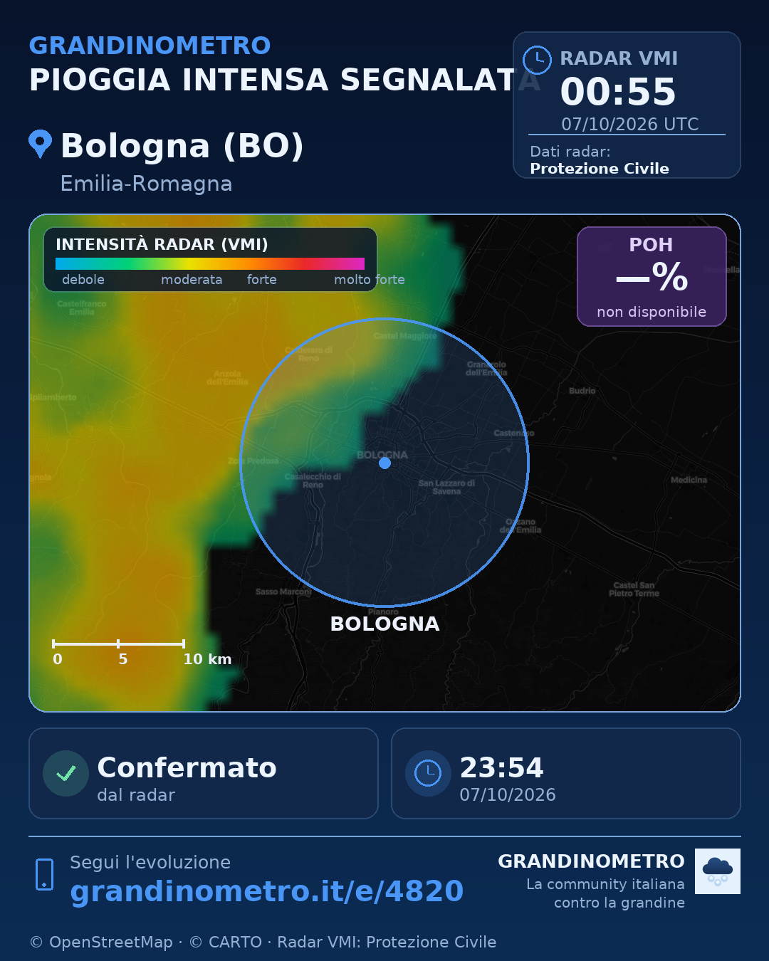Mappa dell'evento: pioggia intensa a Bologna (BO)
