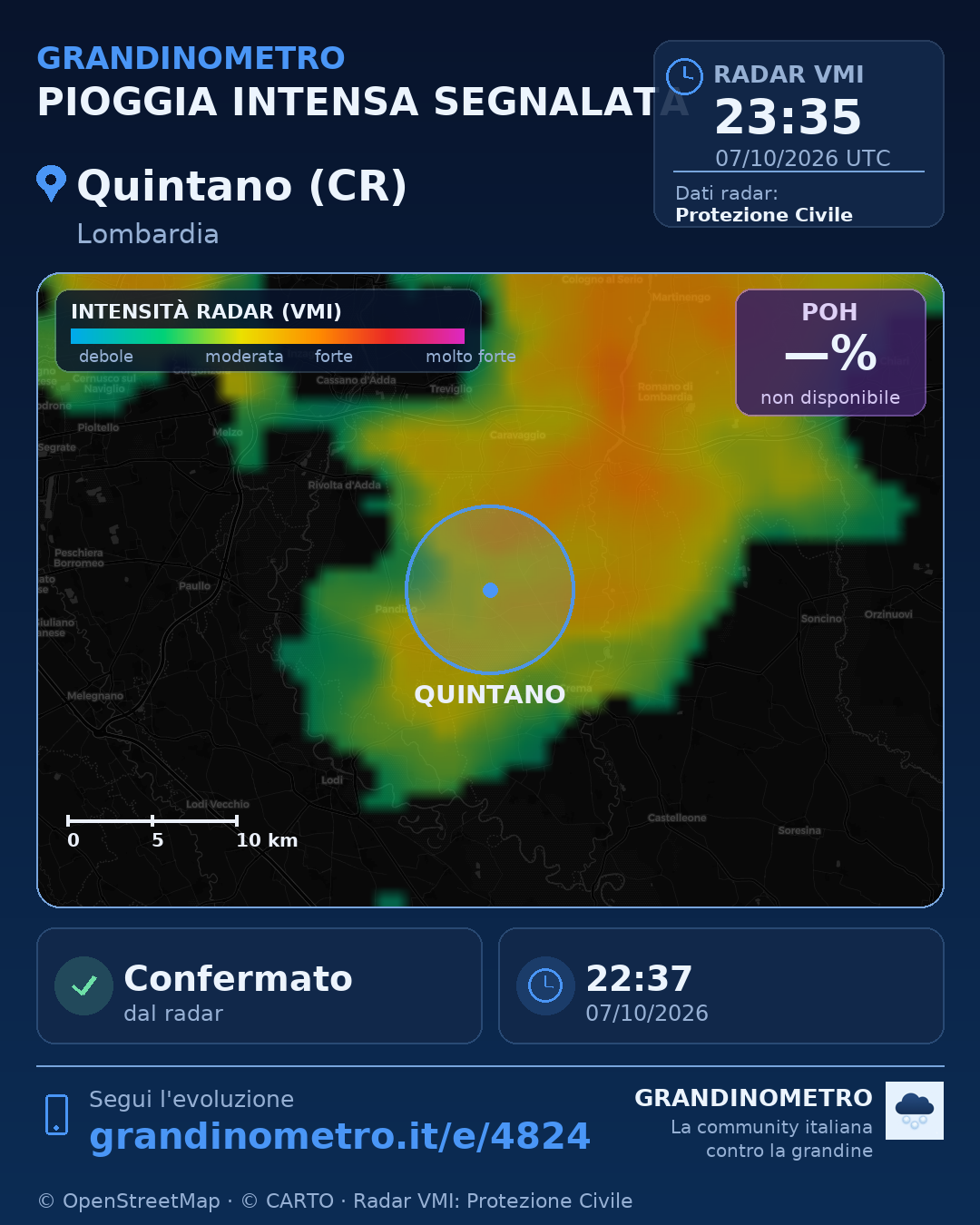 Mappa dell'evento: pioggia intensa a Quintano (CR)