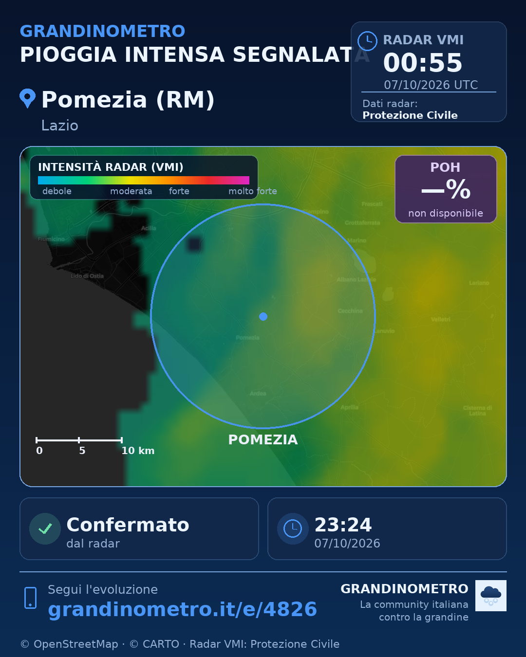 Mappa dell'evento: pioggia intensa a Pomezia (RM)