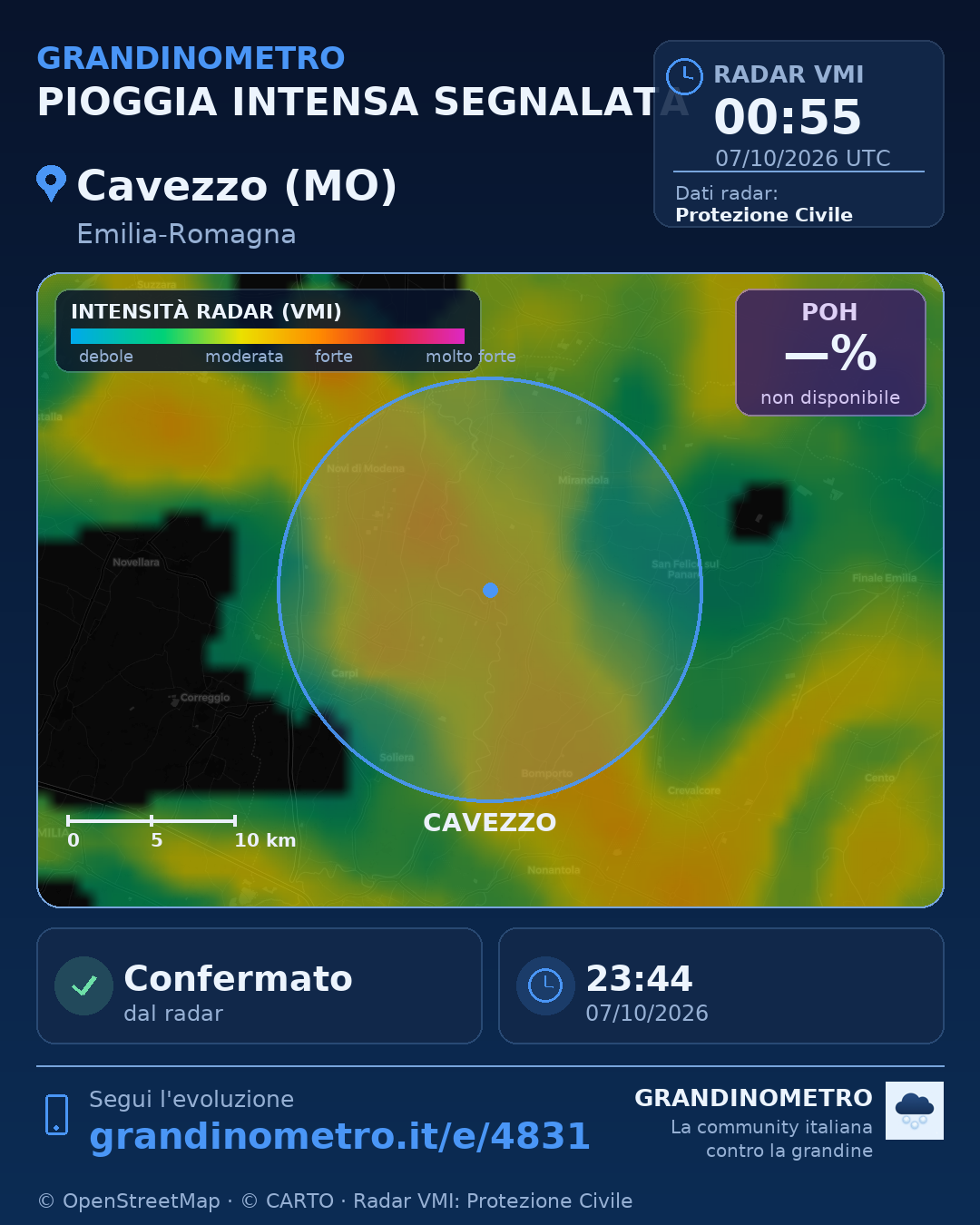 Mappa dell'evento: pioggia intensa a Cavezzo (MO)