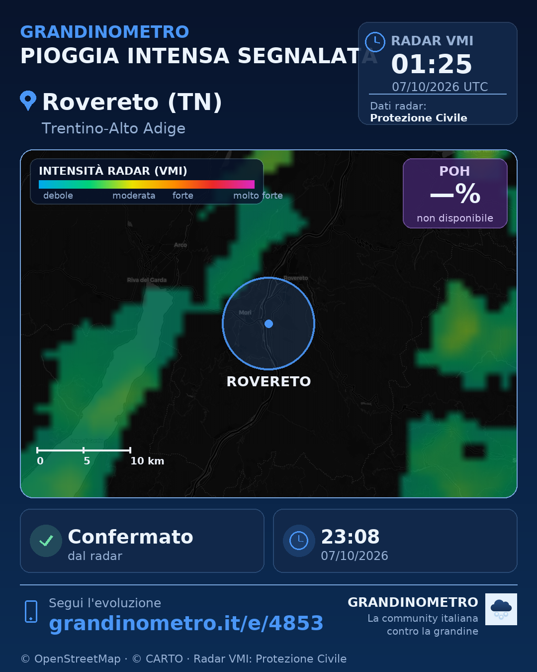 Mappa dell'evento: pioggia intensa a Rovereto (TN)