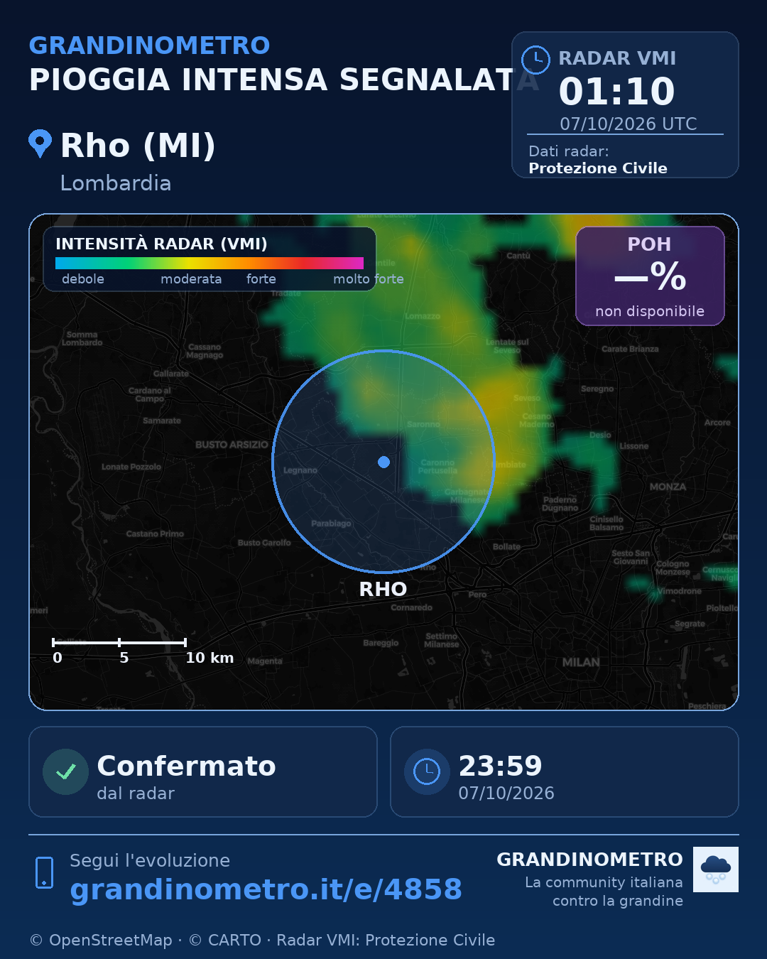 Mappa dell'evento: pioggia intensa a Rho (MI)