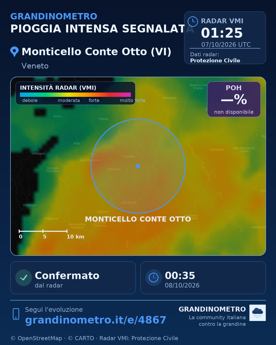 Mappa dell'evento: pioggia intensa a Monticello Conte Otto (VI)