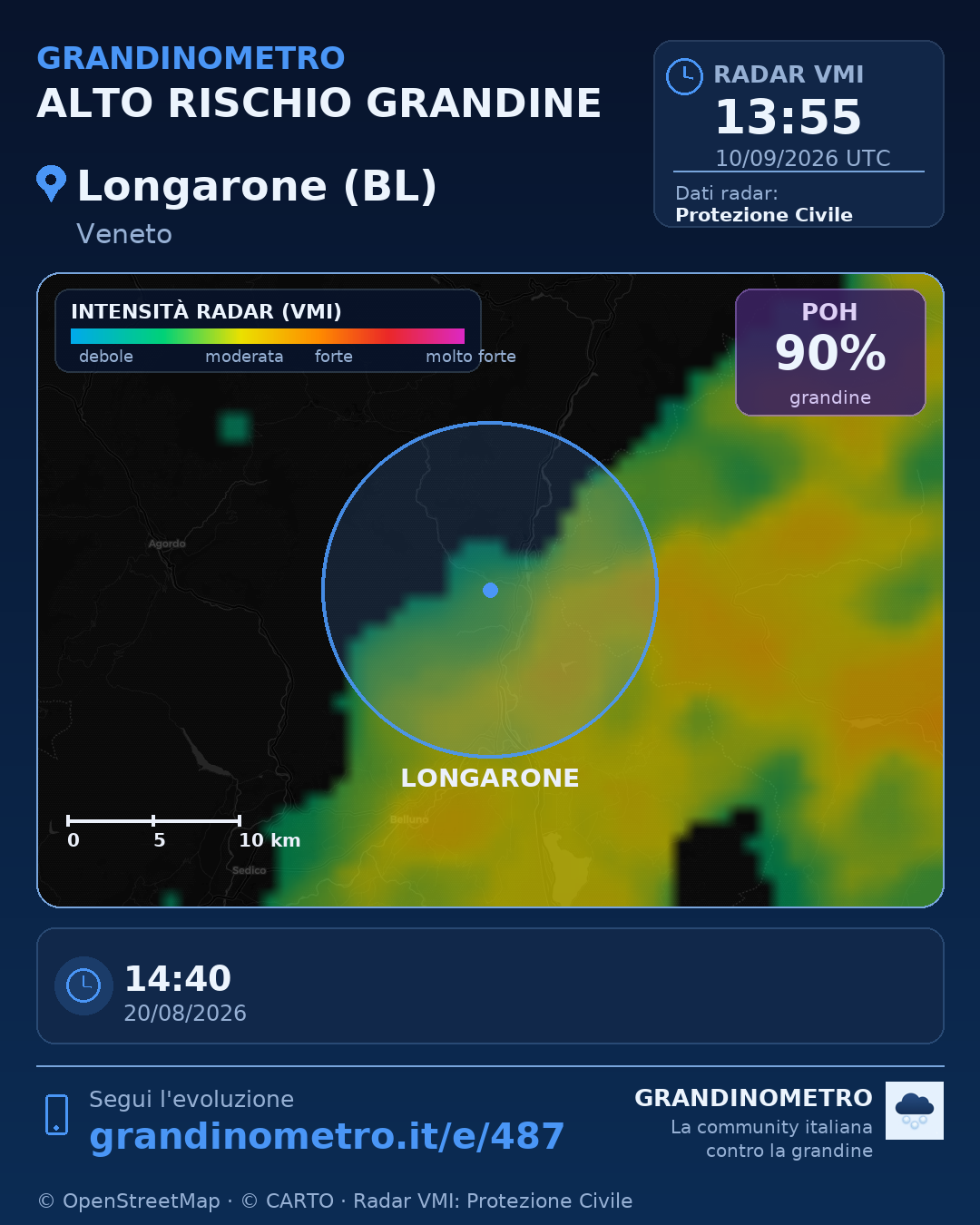 Mappa dell'evento: grandine a Longarone (BL)