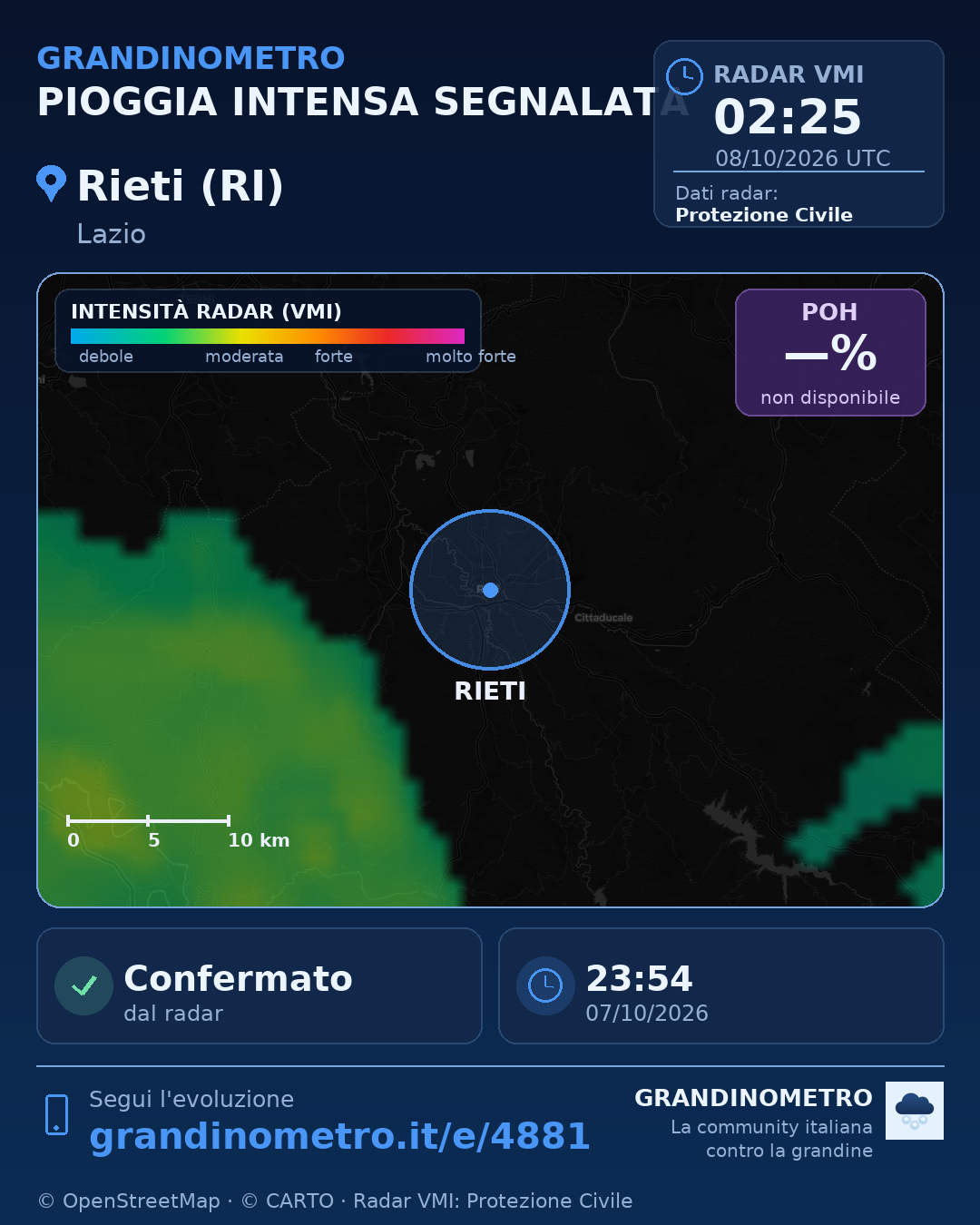 Mappa dell'evento: pioggia intensa a Rieti (RI)