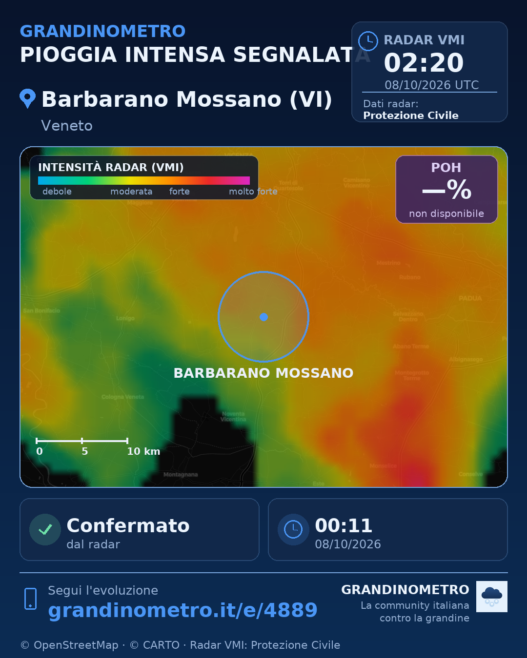 Mappa dell'evento: pioggia intensa a Barbarano Mossano (VI)