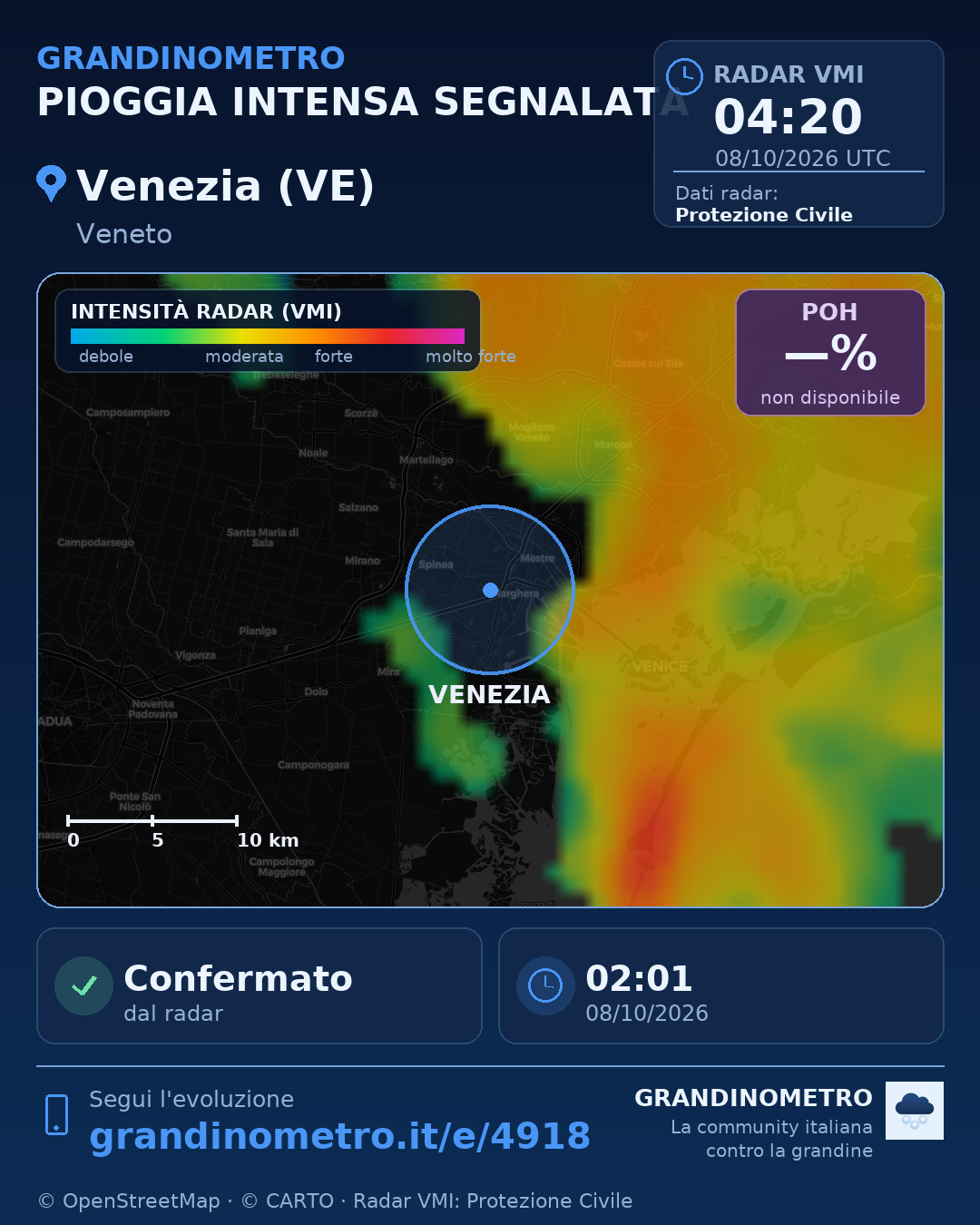 Mappa dell'evento: pioggia intensa a Venezia (VE)