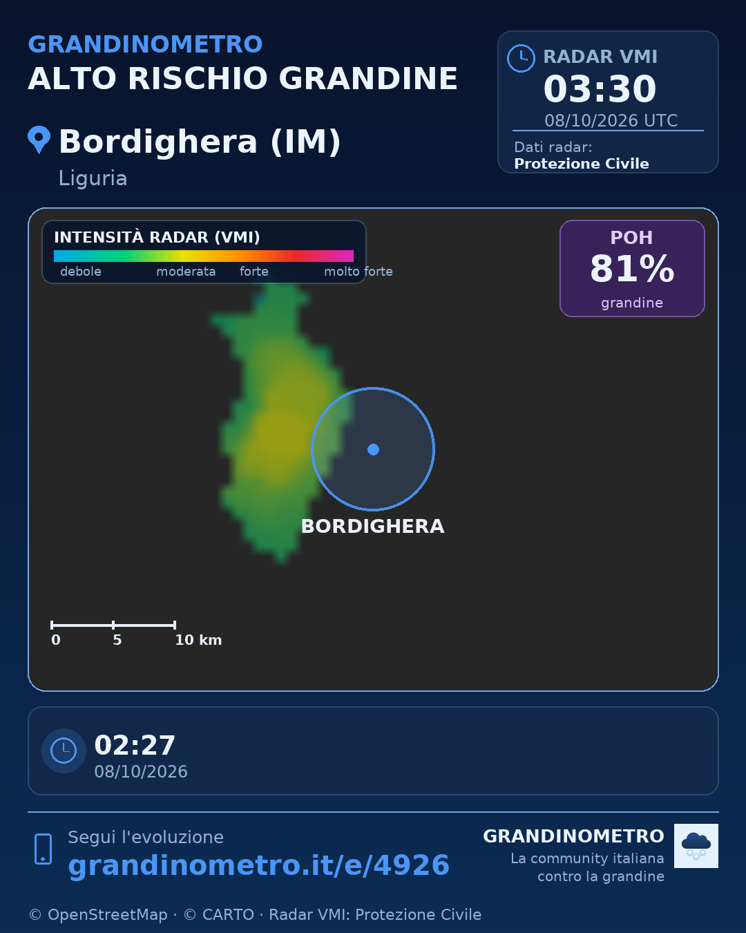 Mappa dell'evento: grandine a Bordighera (IM)