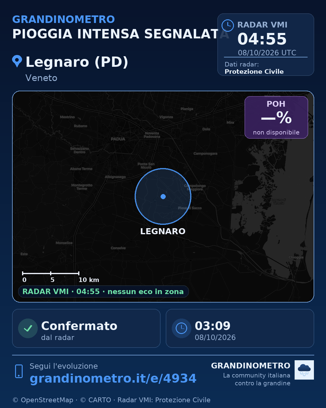 Mappa dell'evento: pioggia intensa a Legnaro (PD)