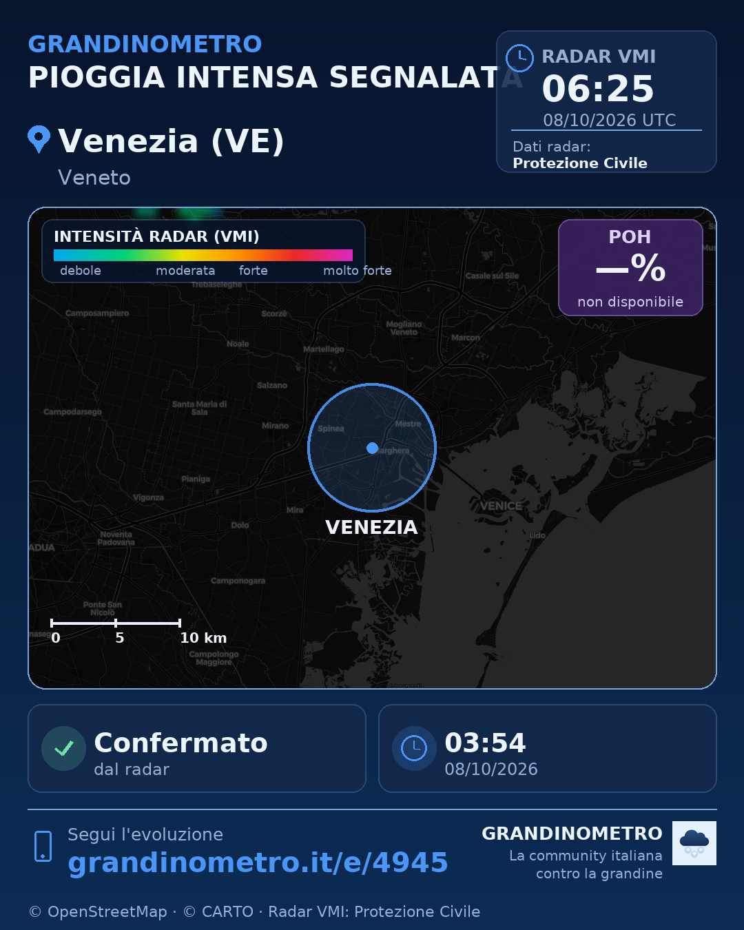 Mappa dell'evento: pioggia intensa a Venezia (VE)