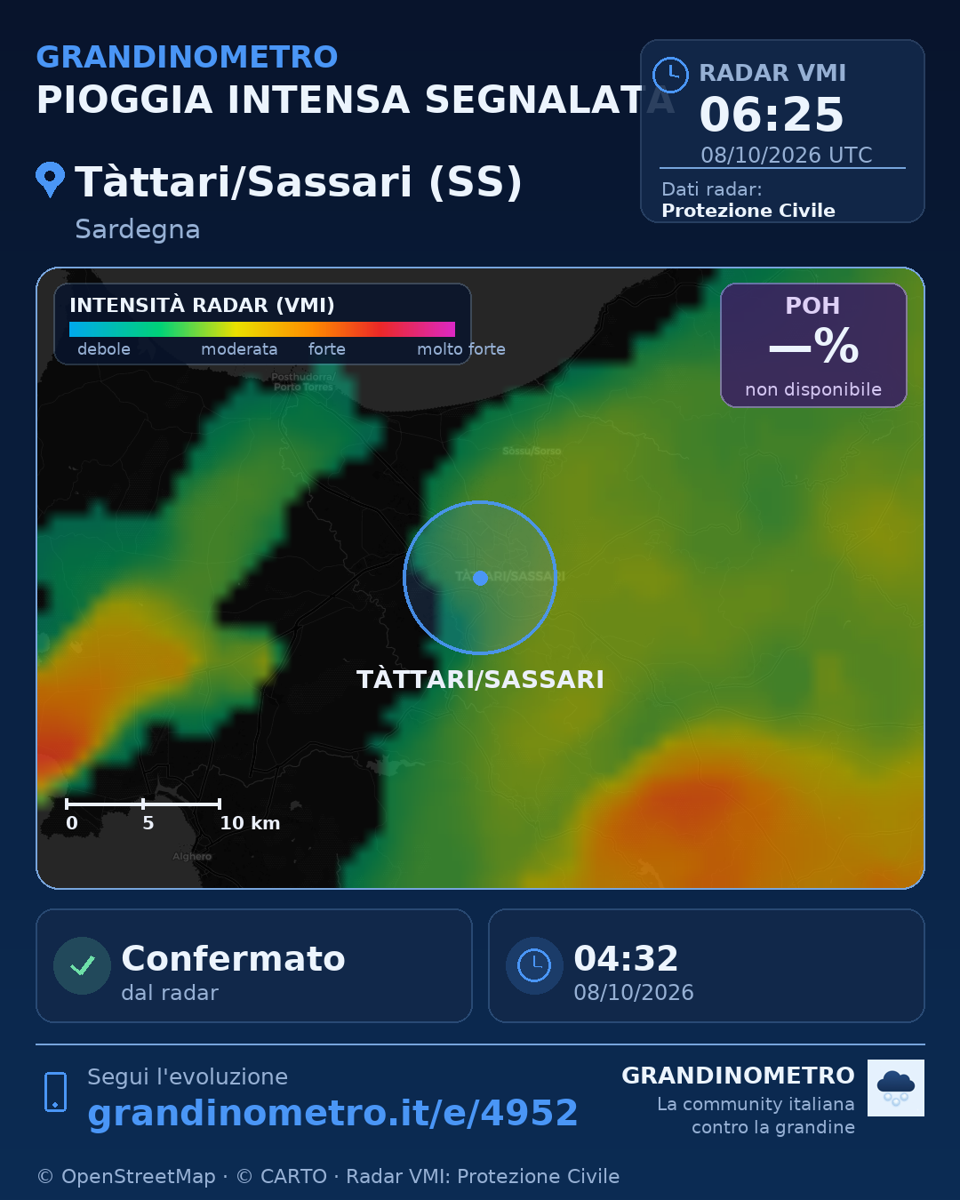 Mappa dell'evento: pioggia intensa a Tàttari/Sassari (SS)