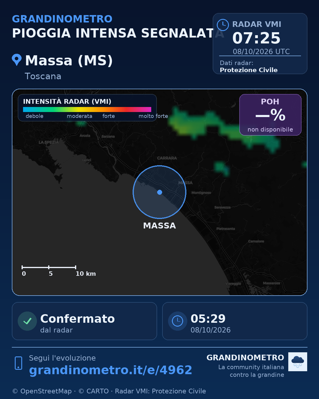 Mappa dell'evento: pioggia intensa a Massa (MS)